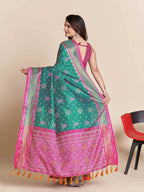 Traditional Pure Patola Silk Rama Saree with Contrast Weave, Meenakari & Tassels