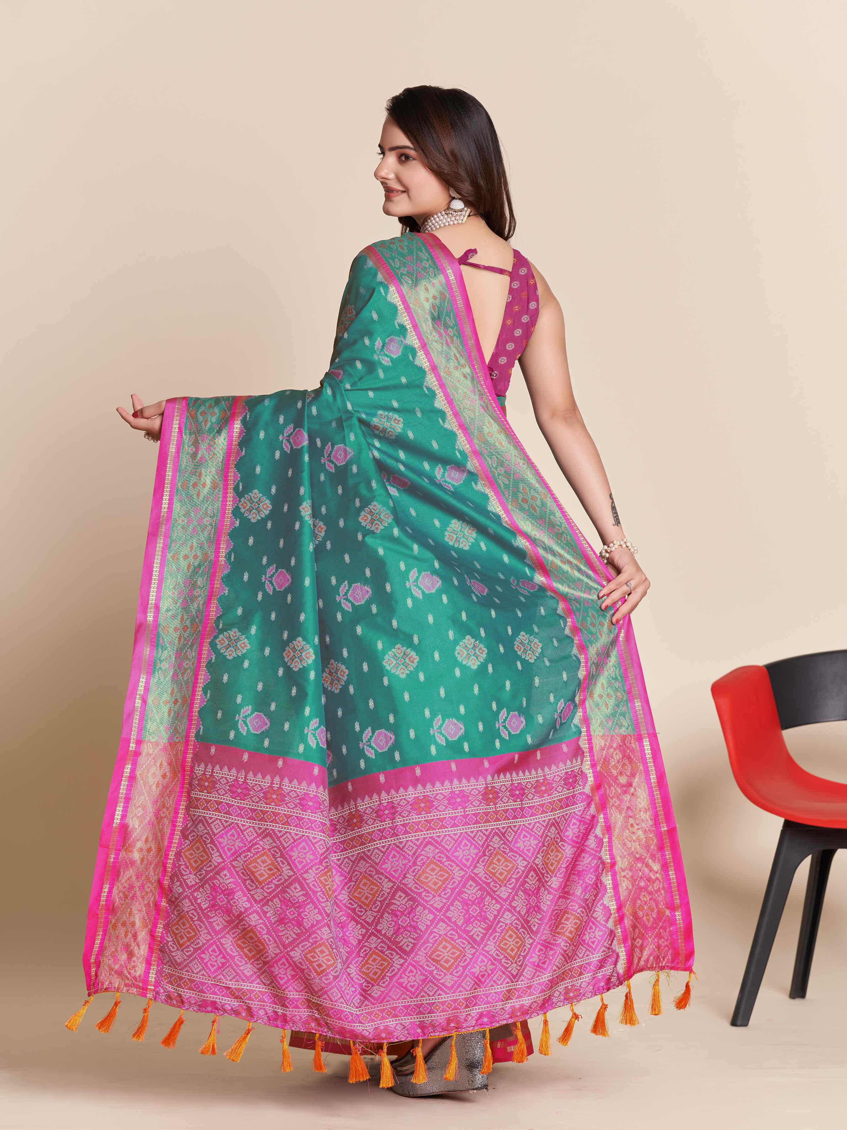 Traditional Pure Patola Silk Rama Saree with Contrast Weave, Meenakari & Tassels