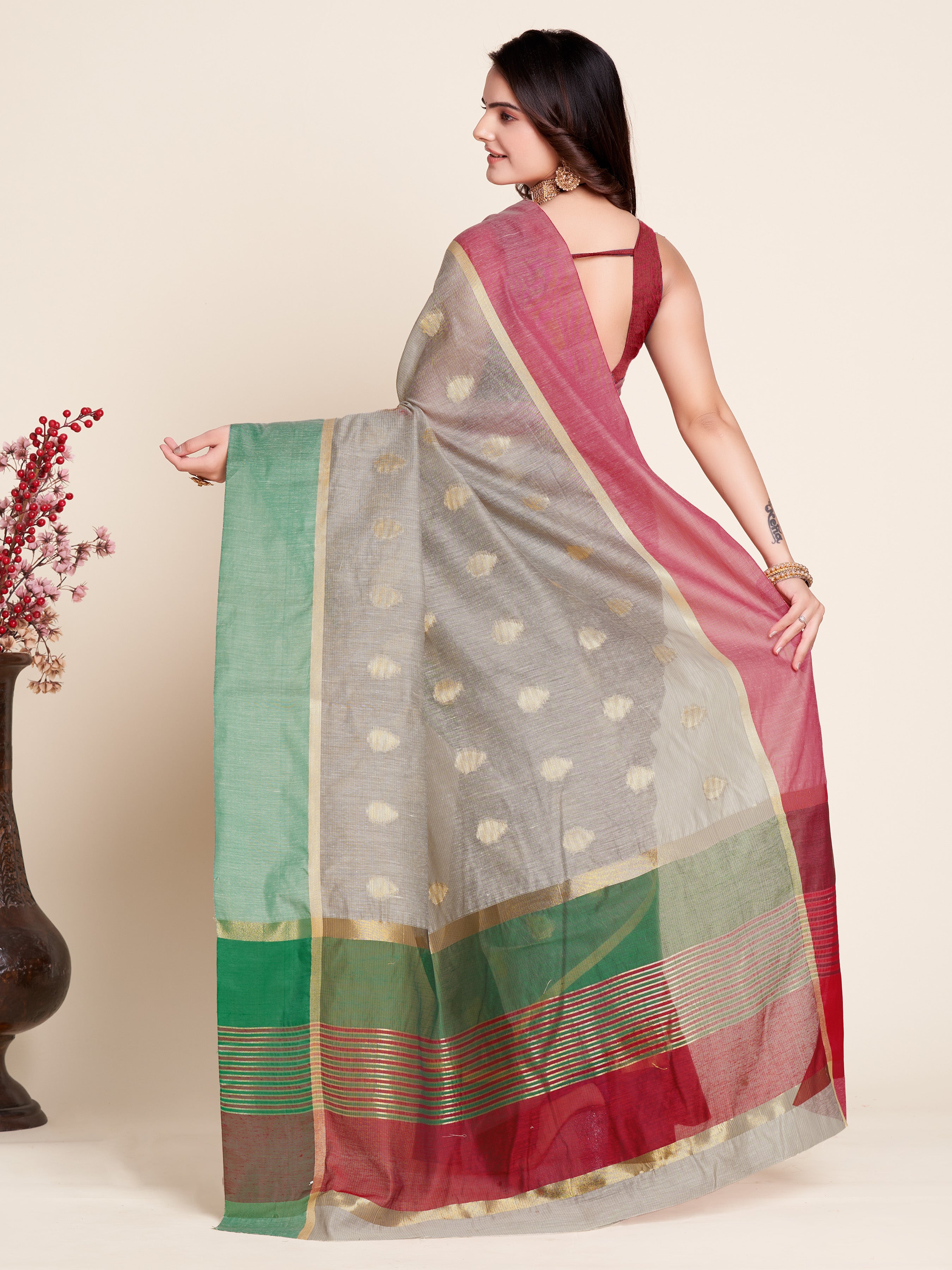 Beige Soft Silk Saree with Contrast Jari Border, Rich Pallu & Matching Blouse