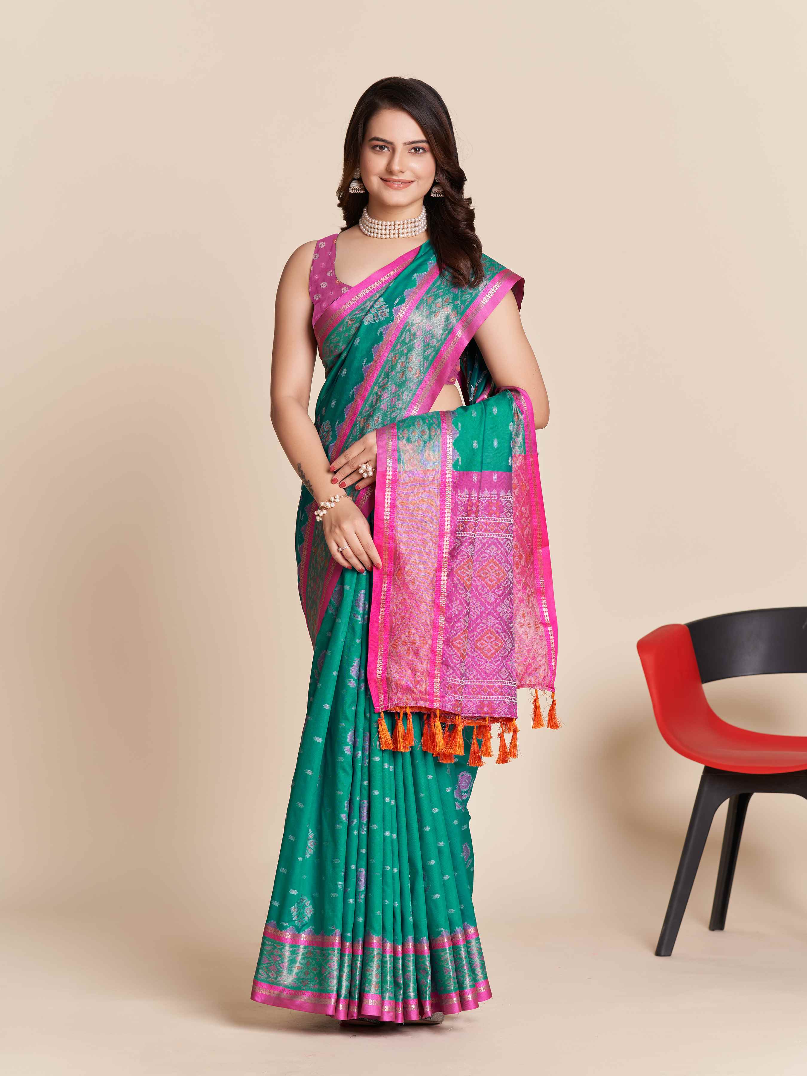 Traditional Pure Patola Silk Rama Saree with Contrast Weave, Meenakari & Tassels