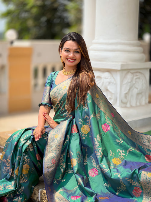 Aqua Green Designer Banarasi Silk Saree for Women – Aqua Green Woven Floral Saree with Blouse
