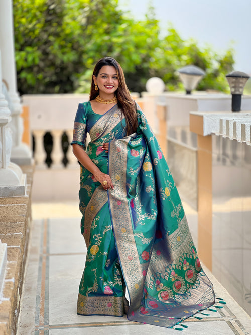 Aqua Green Designer Banarasi Silk Saree for Women – Aqua Green Woven Floral Saree with Blouse