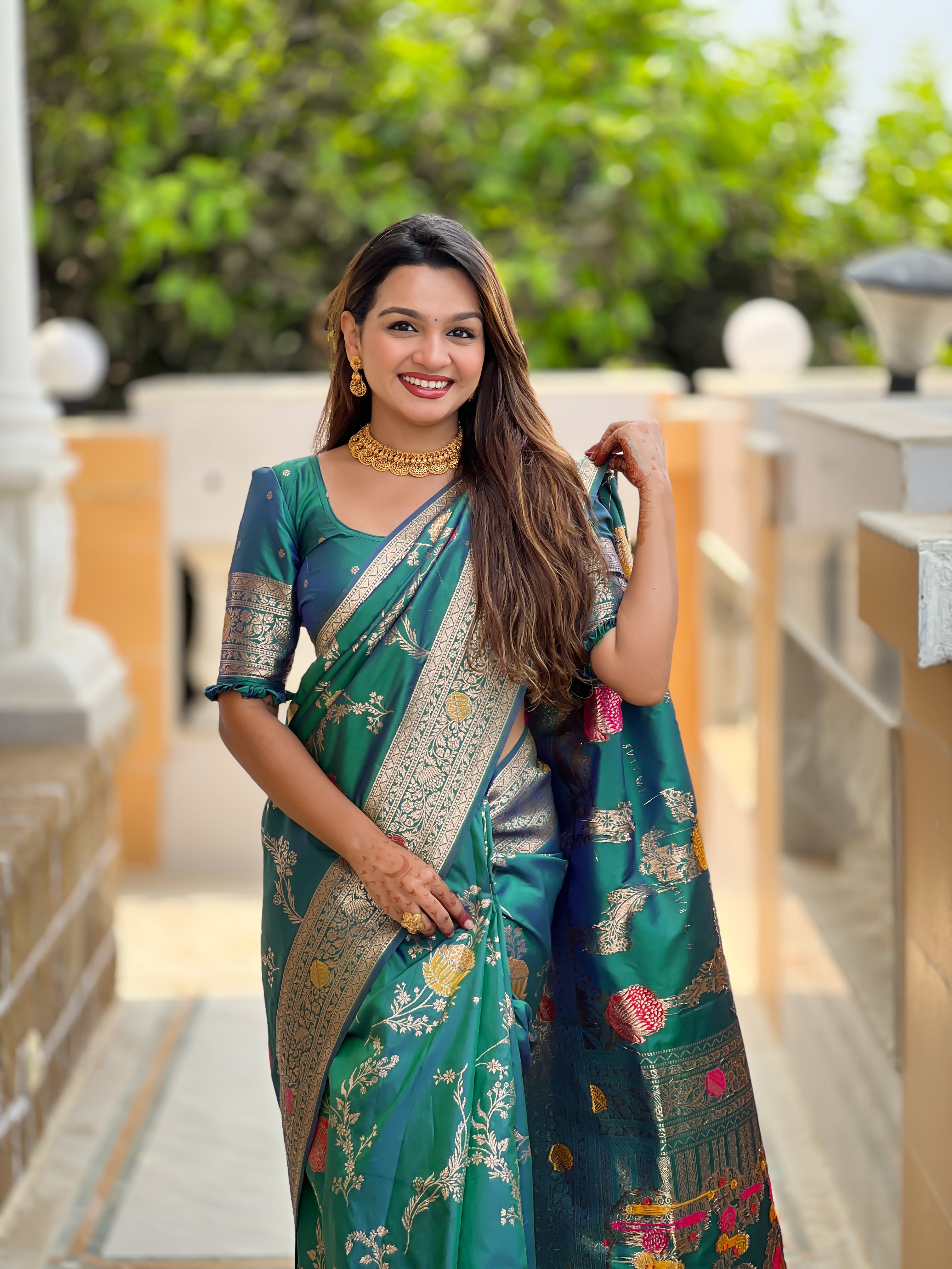 Aqua Green Designer Banarasi Silk Saree for Women – Aqua Green Woven Floral Saree with Blouse