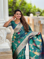 Aqua Green Designer Banarasi Silk Saree for Women – Aqua Green Woven Floral Saree with Blouse