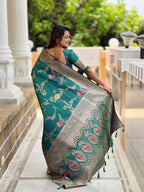 Aqua Green Designer Banarasi Silk Saree for Women – Aqua Green Woven Floral Saree with Blouse