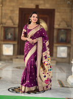 Wine Soft Paithani Silk Saree with Zari Motifs, Meenakari Pallu & Contrast Blouse