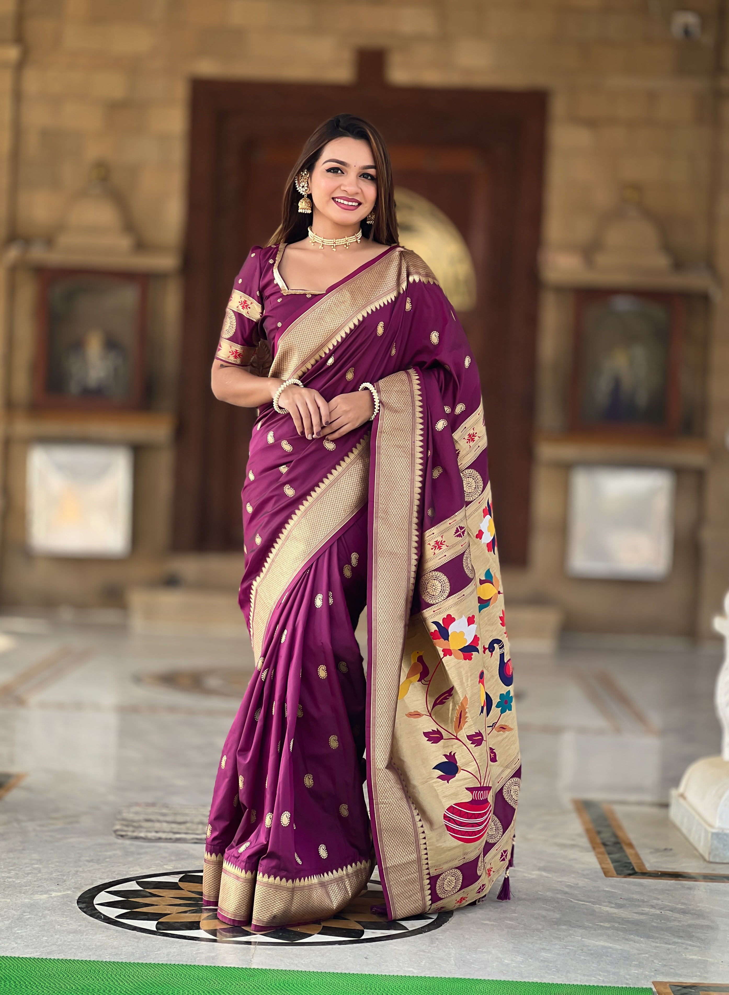 Wine Soft Paithani Silk Saree with Zari Motifs, Meenakari Pallu & Contrast Blouse