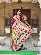 Wine Soft Paithani Silk Saree with Zari Motifs, Meenakari Pallu & Contrast Blouse