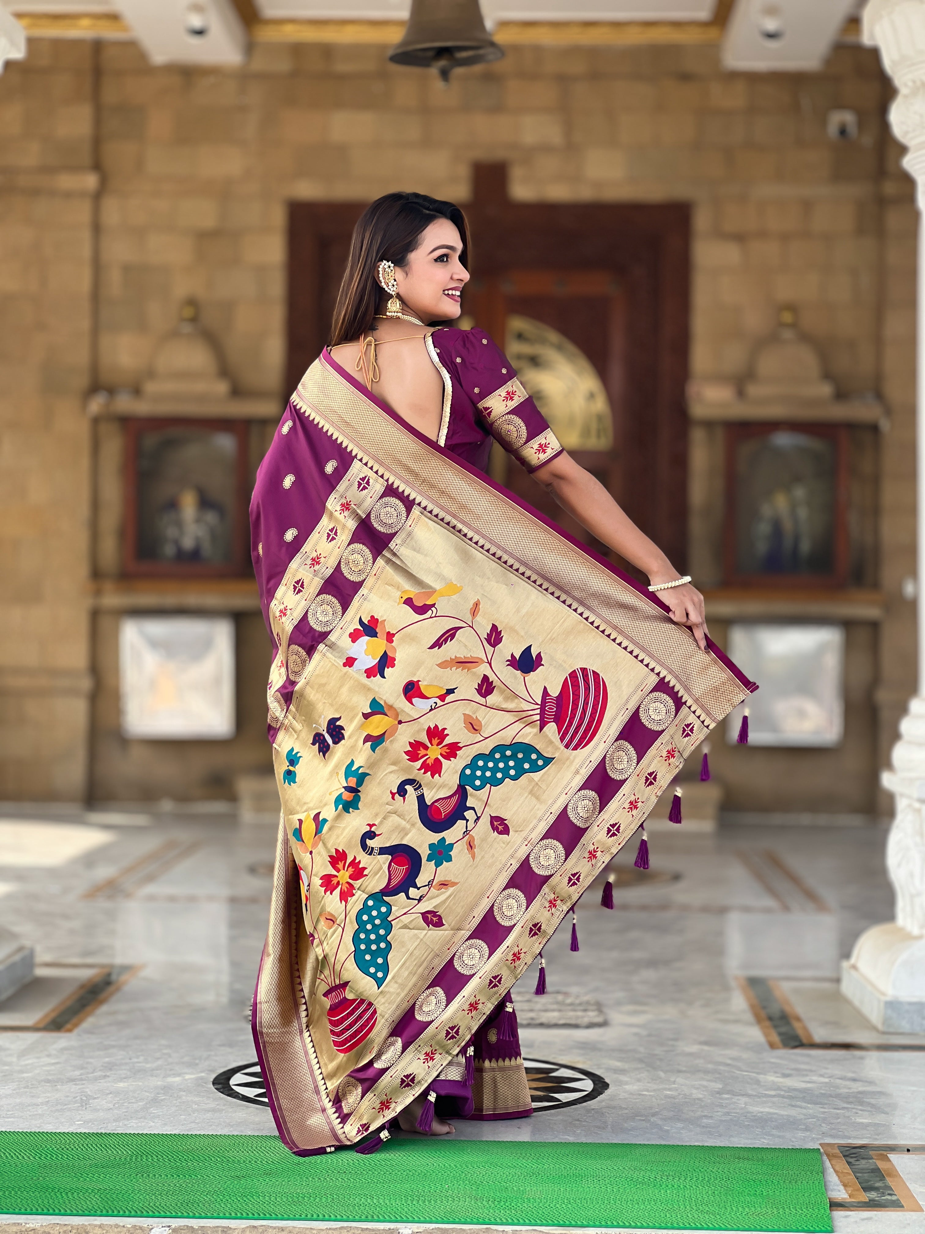Wine Soft Paithani Silk Saree with Zari Motifs, Meenakari Pallu & Contrast Blouse