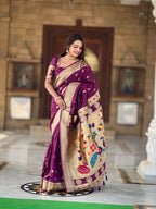 Wine Soft Paithani Silk Saree with Zari Motifs, Meenakari Pallu & Contrast Blouse