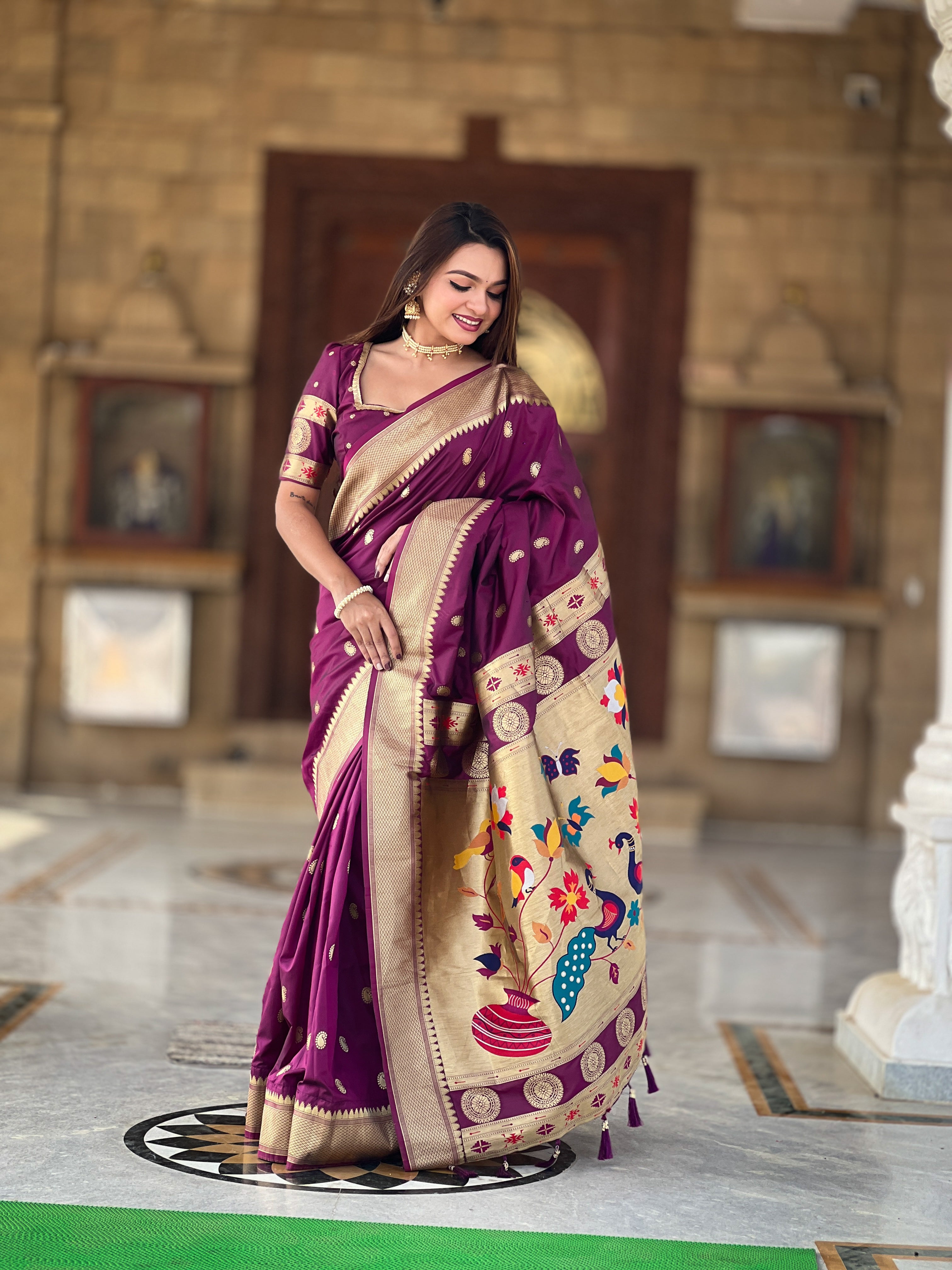 Wine Soft Paithani Silk Saree with Zari Motifs, Meenakari Pallu & Contrast Blouse