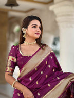 Wine Soft Paithani Silk Saree with Zari Motifs, Meenakari Pallu & Contrast Blouse