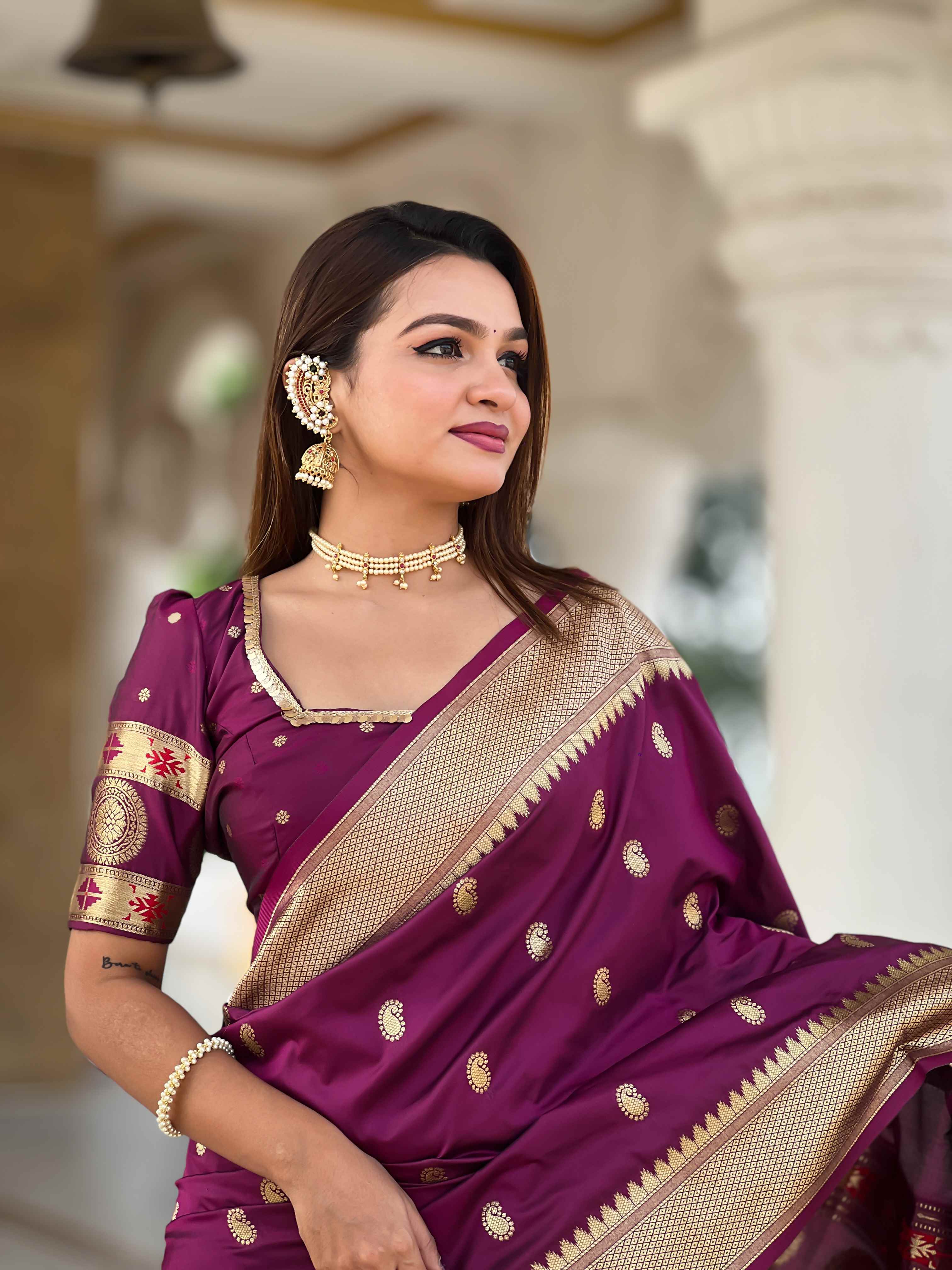 Wine Soft Paithani Silk Saree with Zari Motifs, Meenakari Pallu & Contrast Blouse