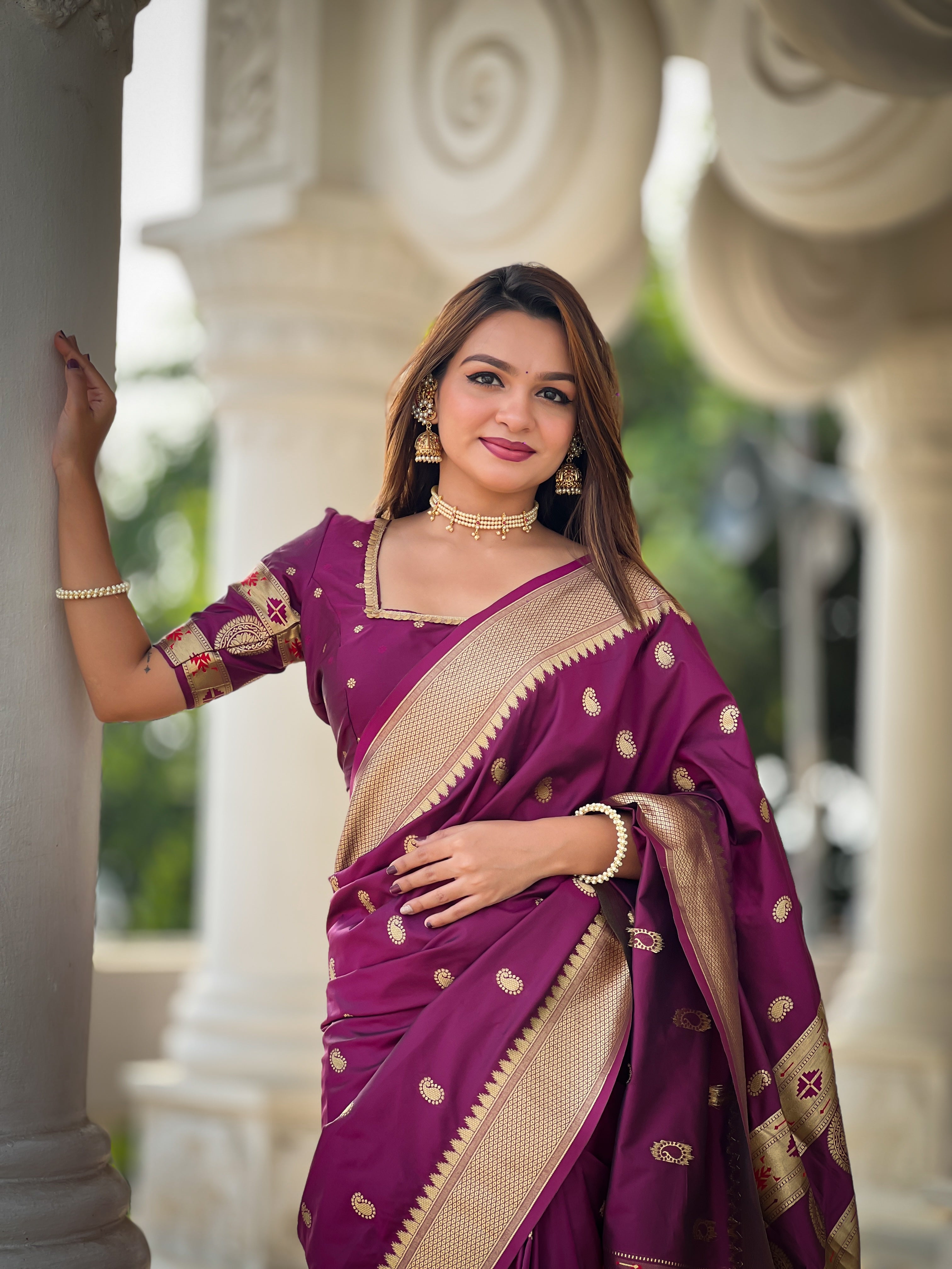 Wine Soft Paithani Silk Saree with Zari Motifs, Meenakari Pallu & Contrast Blouse