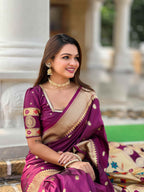 Wine Soft Paithani Silk Saree with Zari Motifs, Meenakari Pallu & Contrast Blouse
