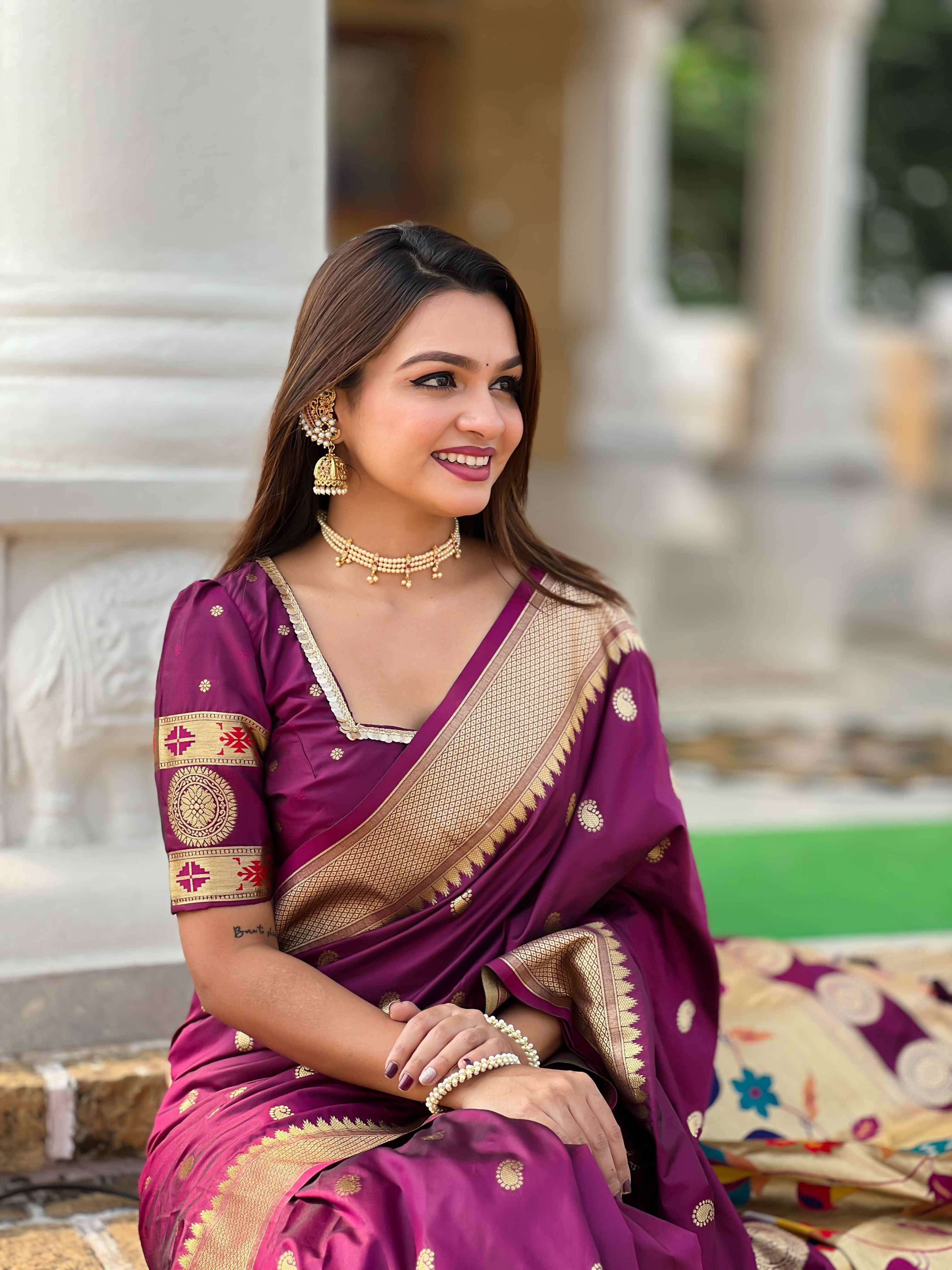 Wine Soft Paithani Silk Saree with Zari Motifs, Meenakari Pallu & Contrast Blouse