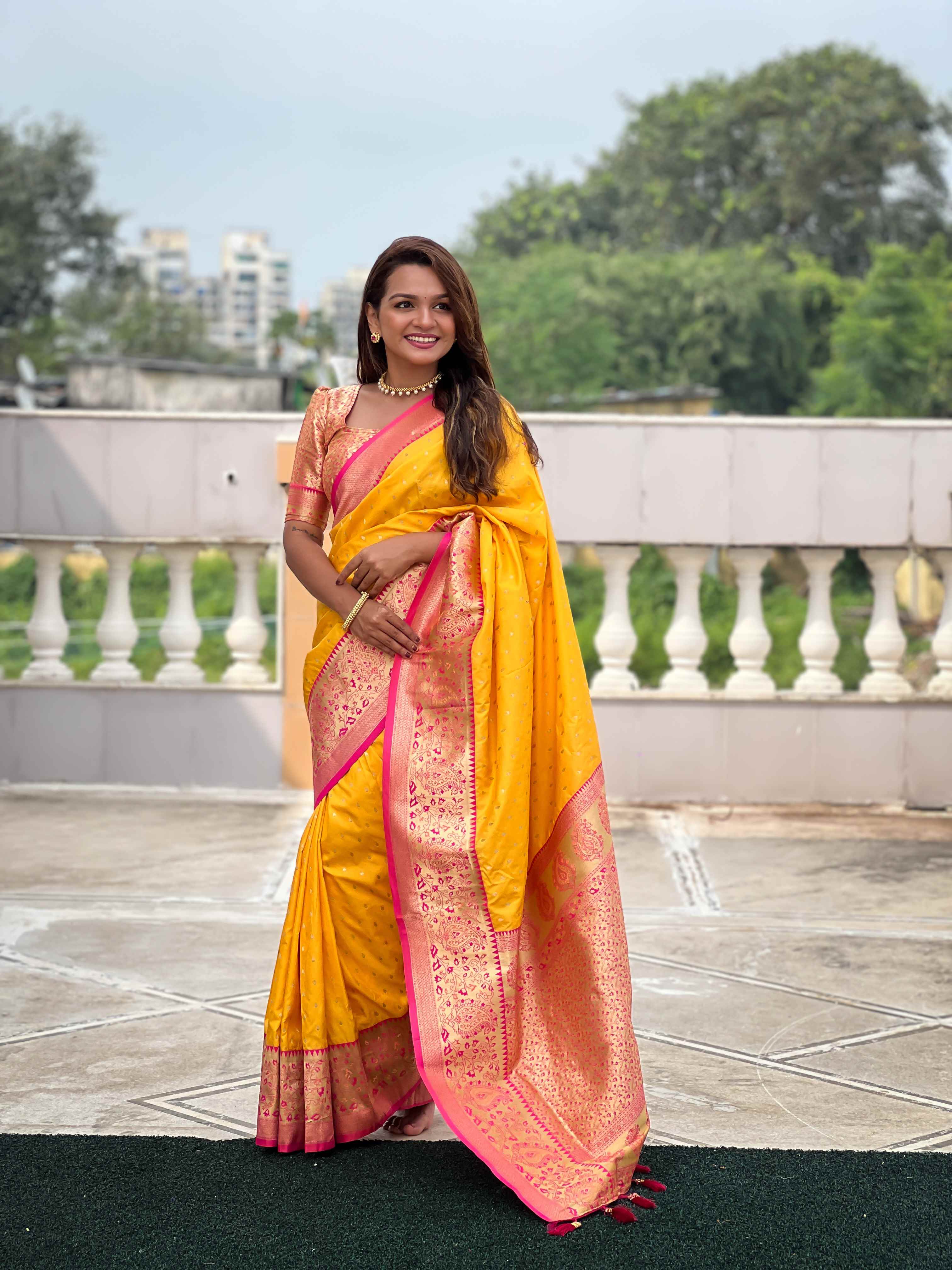 Yellow Soft Silk Saree with All-Over Zari Motifs, Contrast Rich Pallu & Brocade Blouse