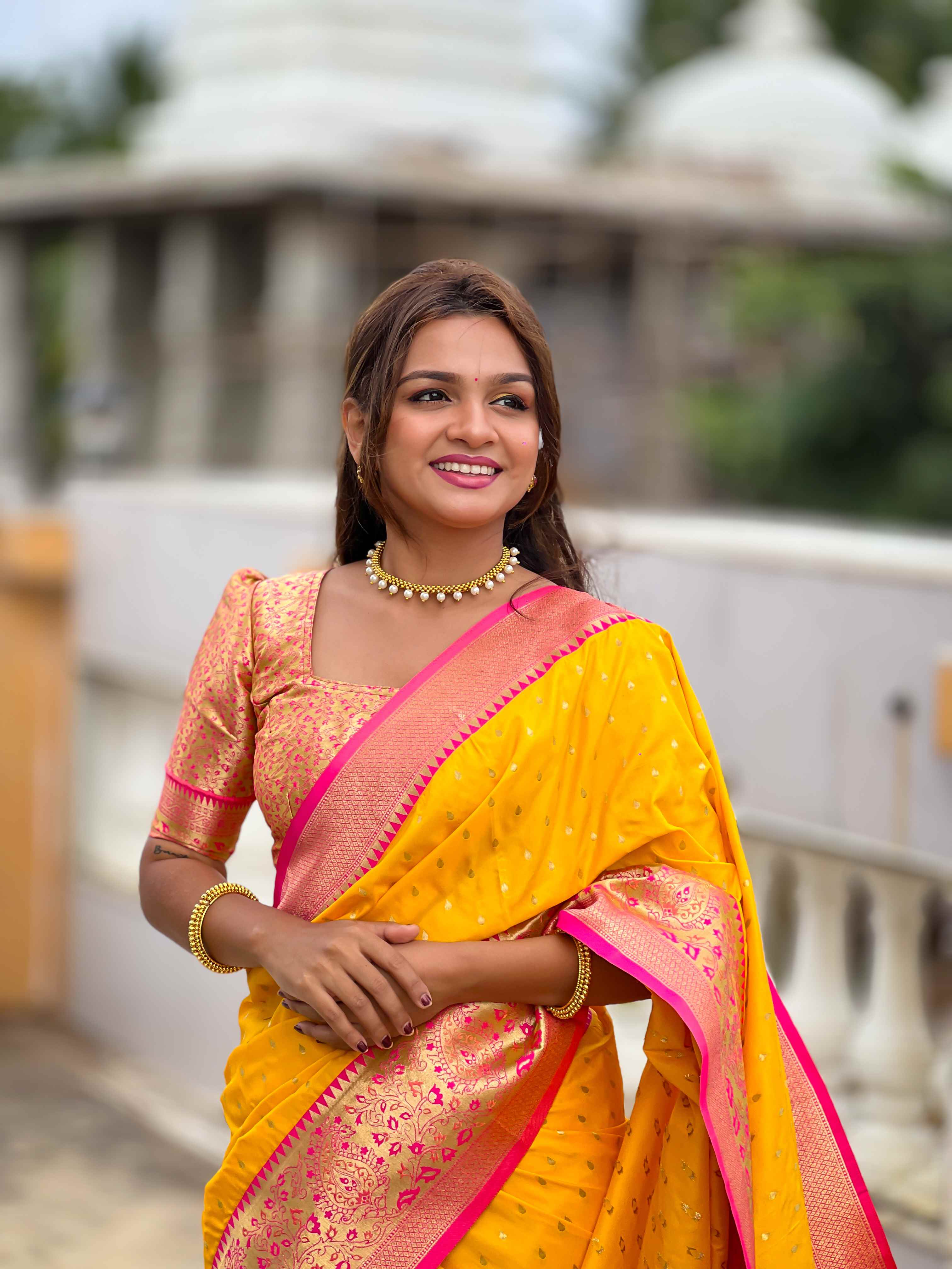 Yellow Soft Silk Saree with All-Over Zari Motifs, Contrast Rich Pallu & Brocade Blouse
