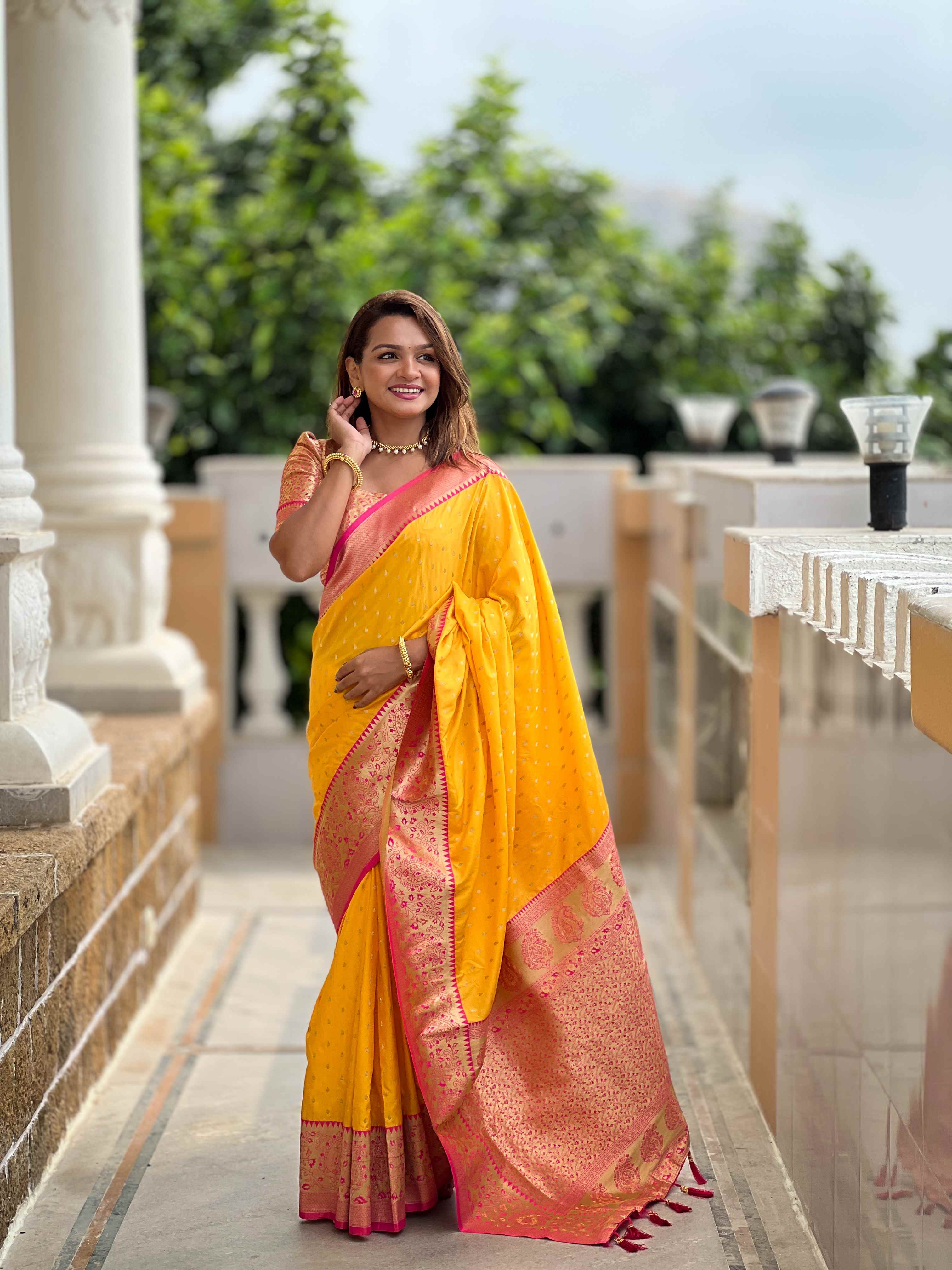 Yellow Soft Silk Saree with All-Over Zari Motifs, Contrast Rich Pallu & Brocade Blouse