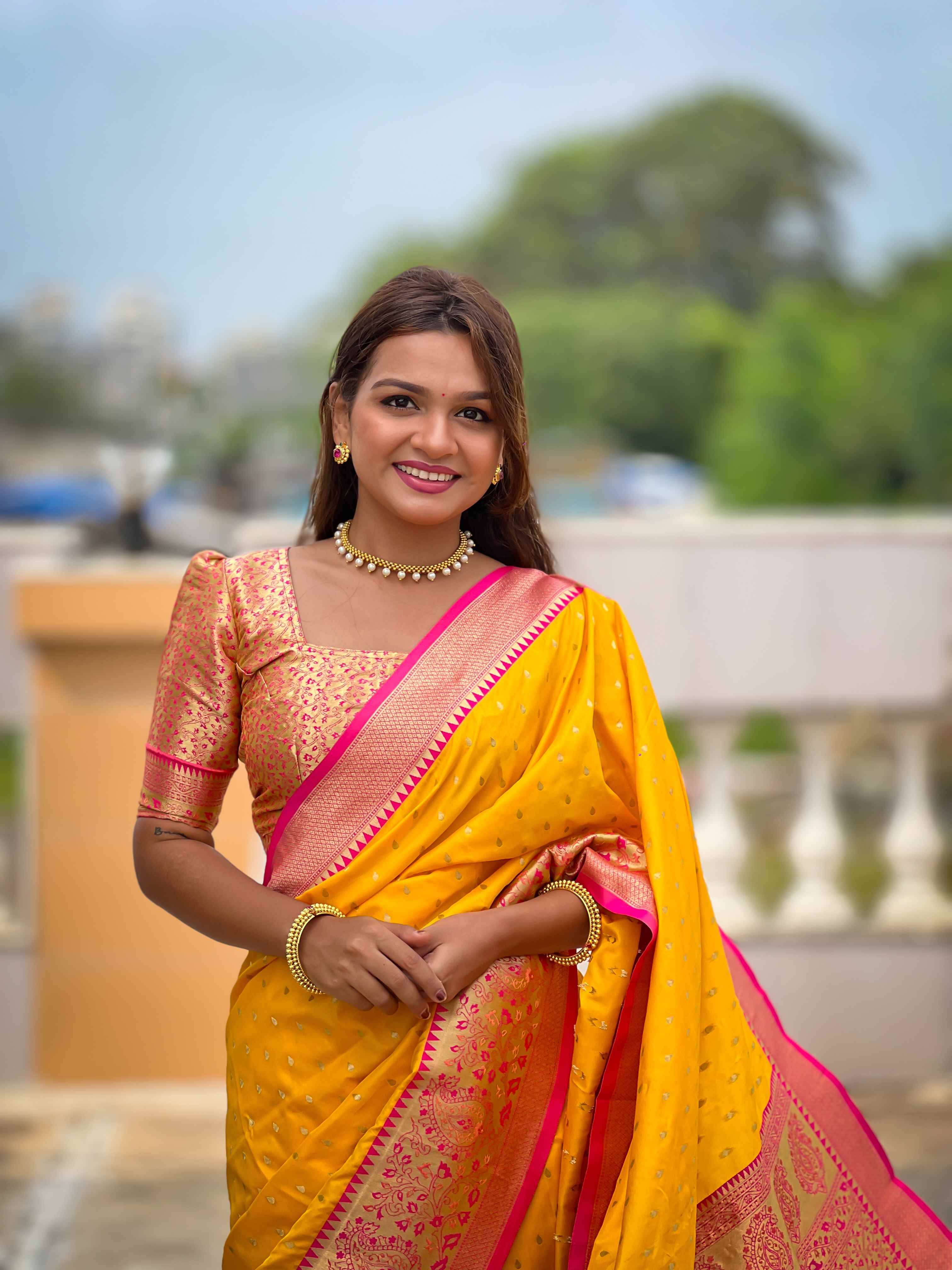 Yellow Soft Silk Saree with All-Over Zari Motifs, Contrast Rich Pallu & Brocade Blouse