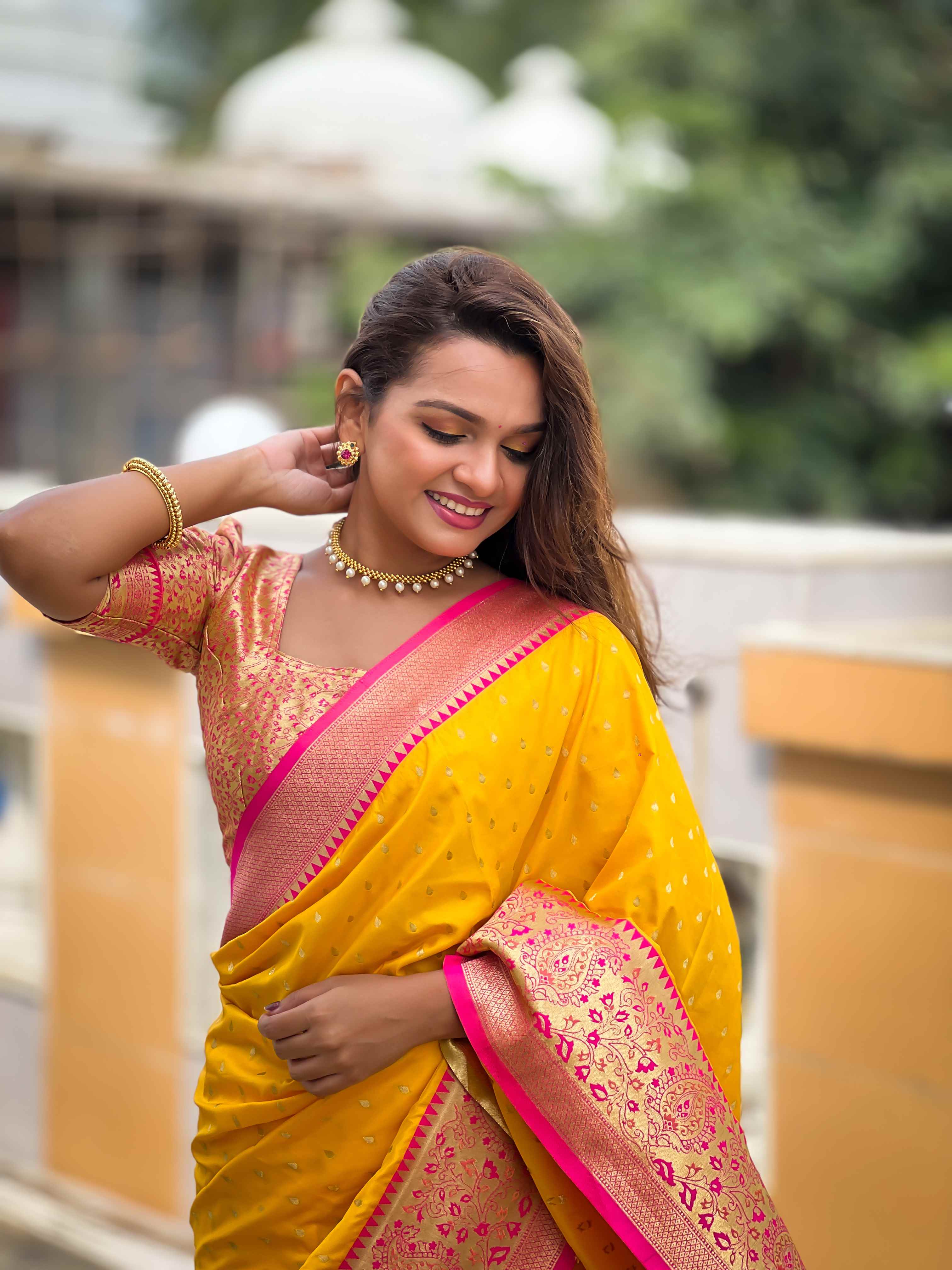 Yellow Soft Silk Saree with All-Over Zari Motifs, Contrast Rich Pallu & Brocade Blouse