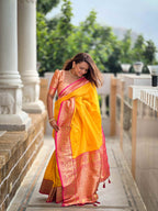 Yellow Soft Silk Saree with All-Over Zari Motifs, Contrast Rich Pallu & Brocade Blouse