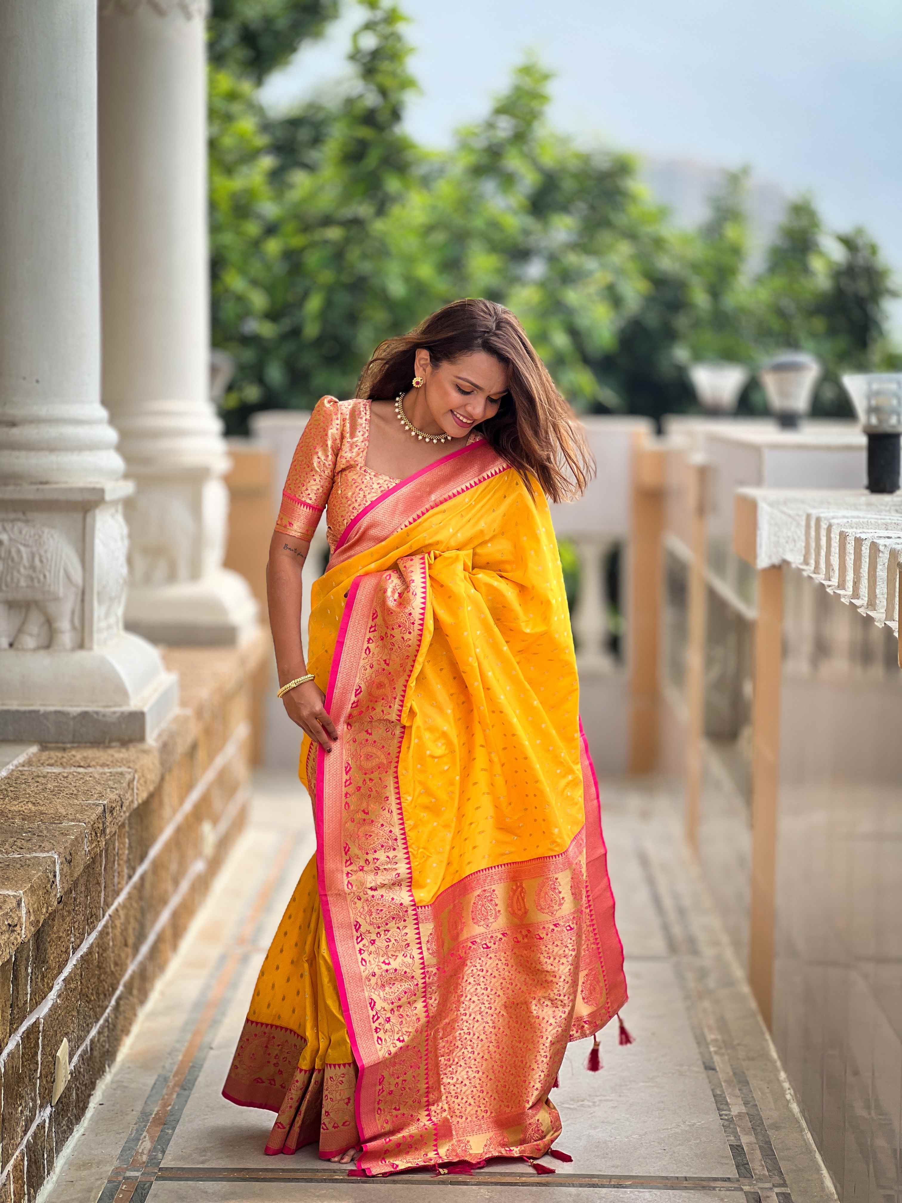 Yellow Soft Silk Saree with All-Over Zari Motifs, Contrast Rich Pallu & Brocade Blouse