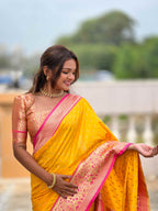 Yellow Soft Silk Saree with All-Over Zari Motifs, Contrast Rich Pallu & Brocade Blouse