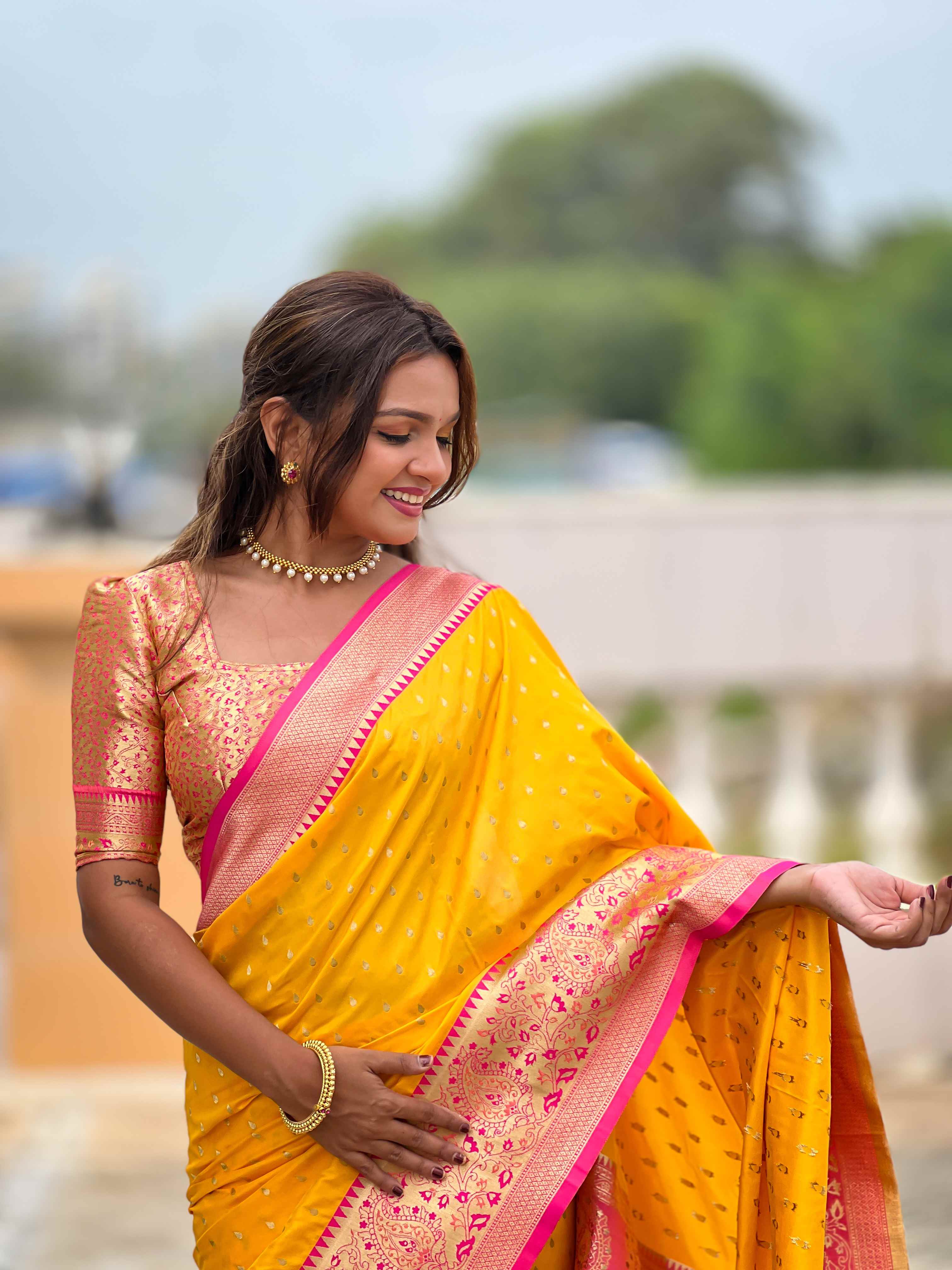 Yellow Soft Silk Saree with All-Over Zari Motifs, Contrast Rich Pallu & Brocade Blouse
