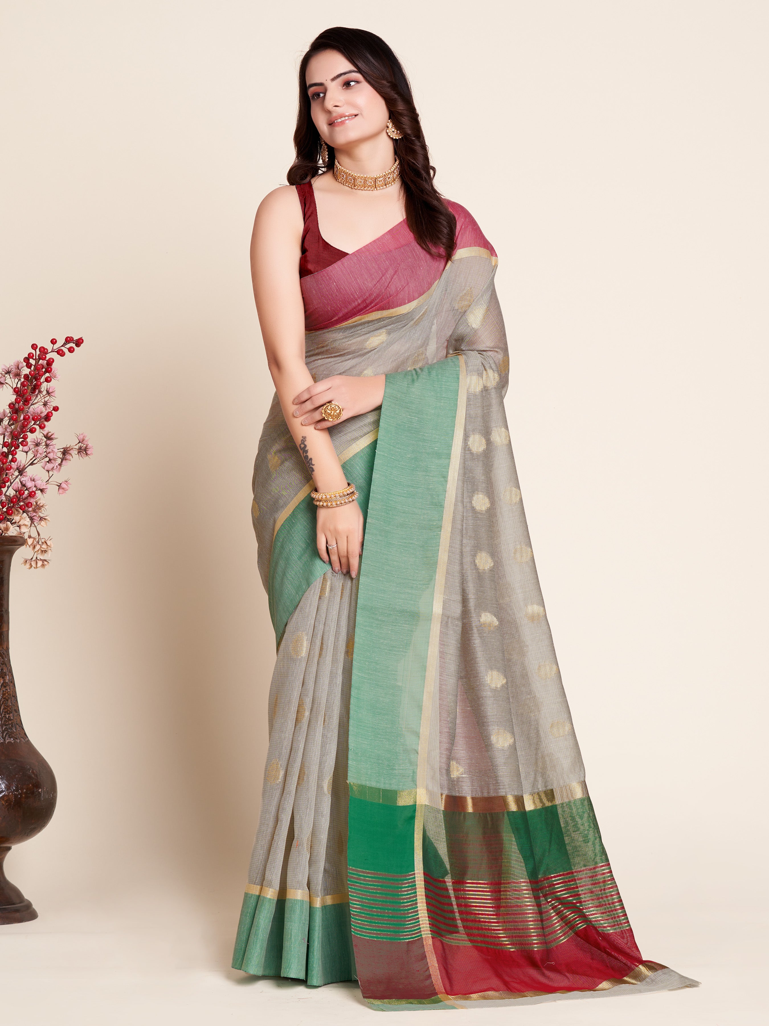 Beige Soft Silk Saree with Contrast Jari Border, Rich Pallu & Matching Blouse