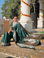 Bottle Green Varni Fabrics Women Anjir Geometric Banarasi Silk Tassels and Latkans Saree comes With Matching Blouse