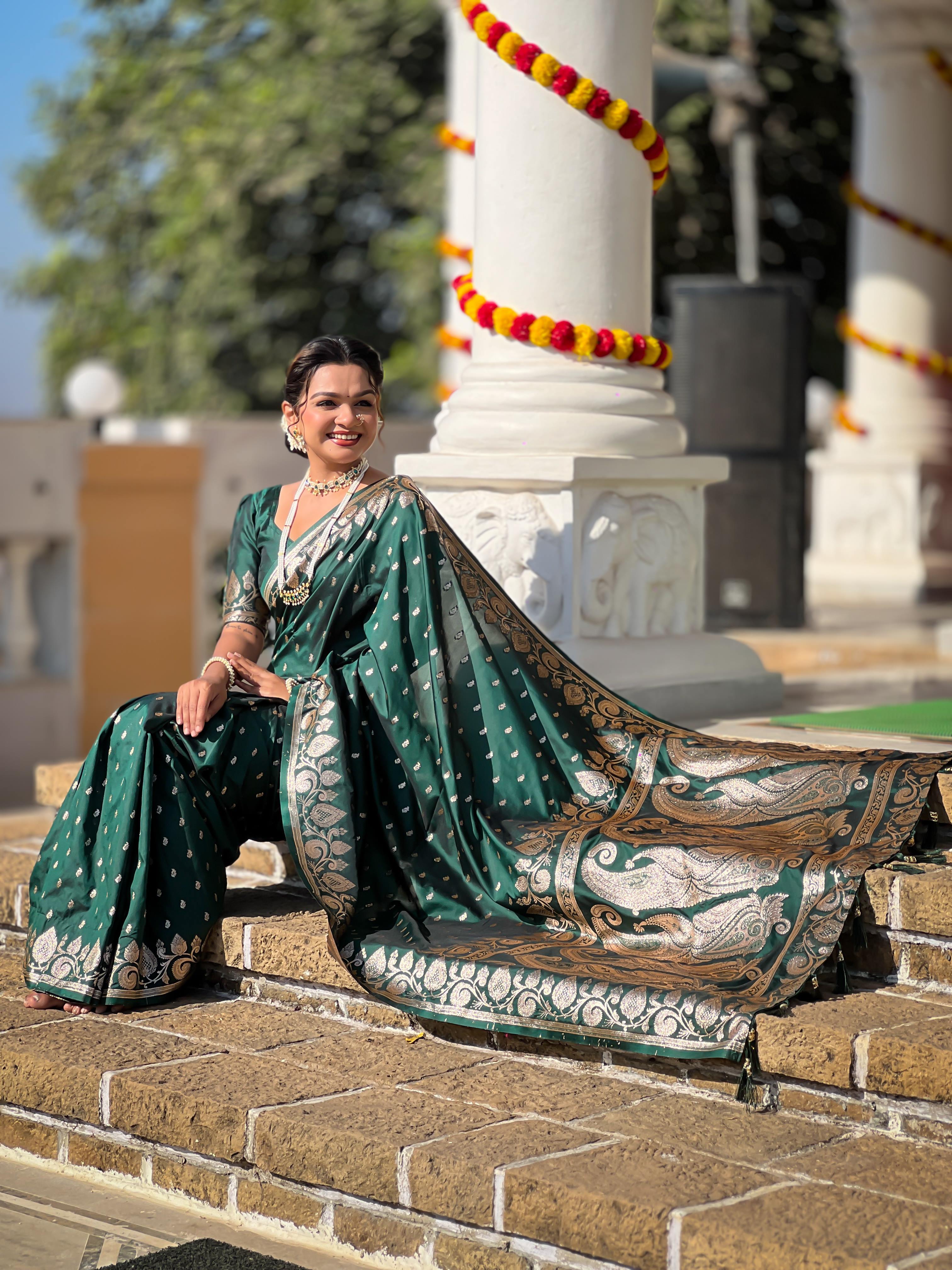 Bottle Green Varni Fabrics Women Anjir Geometric Banarasi Silk Tassels and Latkans Saree comes With Matching Blouse
