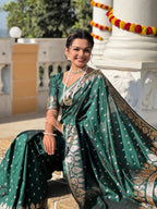 Bottle Green Varni Fabrics Women Anjir Geometric Banarasi Silk Tassels and Latkans Saree comes With Matching Blouse