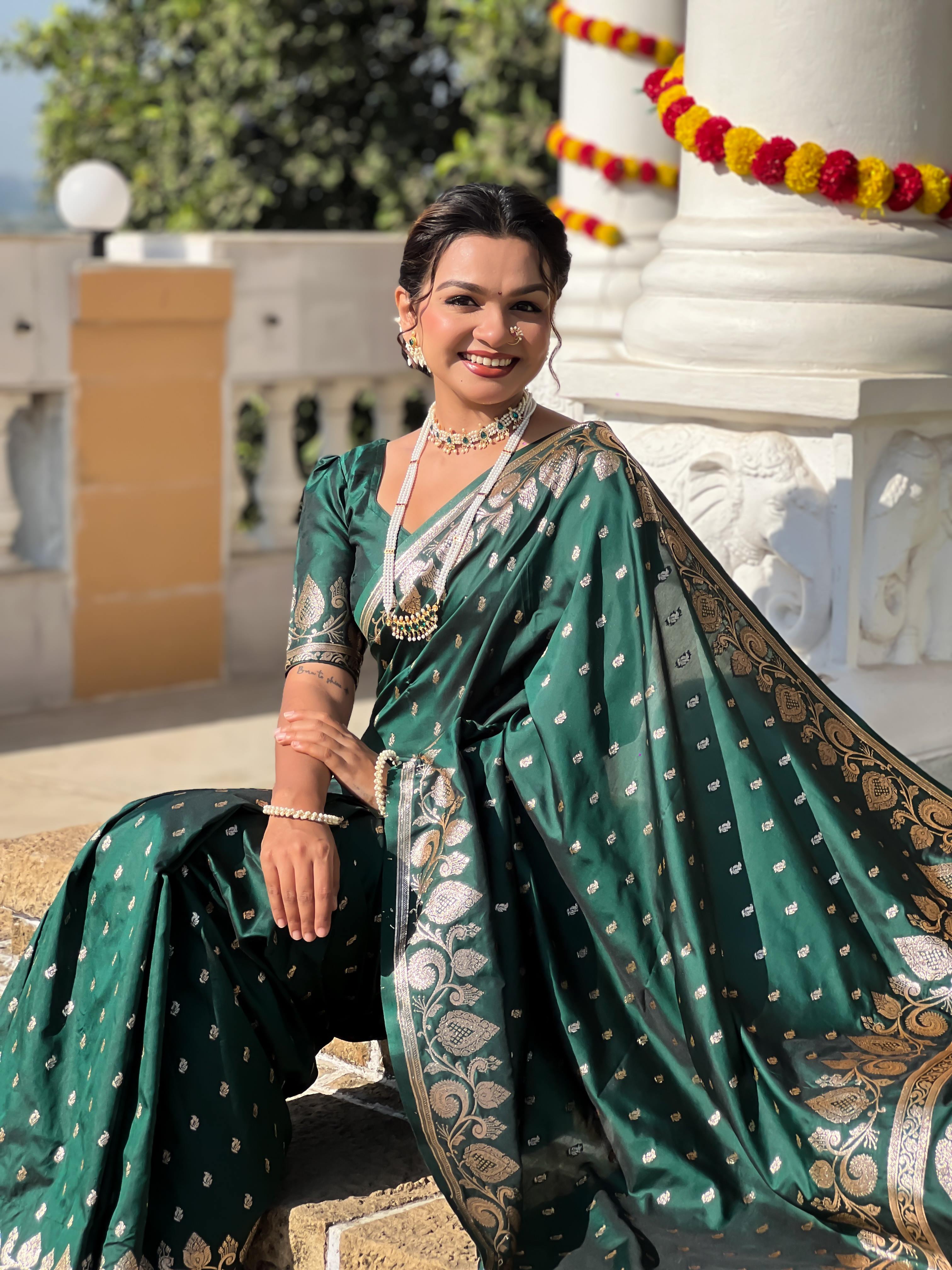 Bottle Green Varni Fabrics Women Anjir Geometric Banarasi Silk Tassels and Latkans Saree comes With Matching Blouse