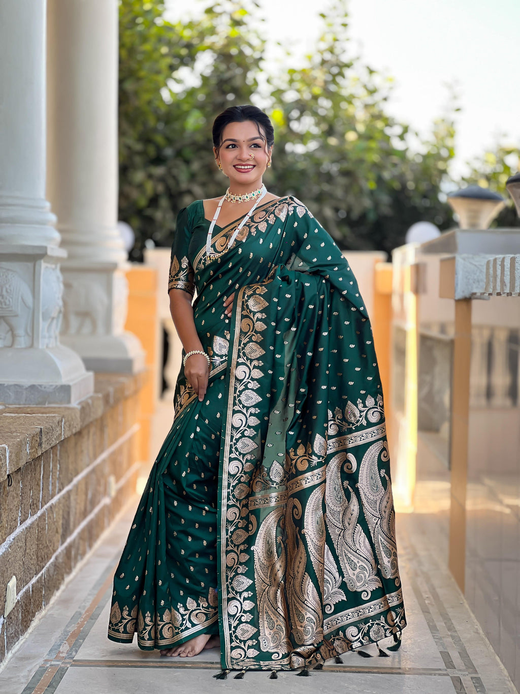 Bottle Green Varni Fabrics Women Anjir Geometric Banarasi Silk Tassels and Latkans Saree comes With Matching Blouse
