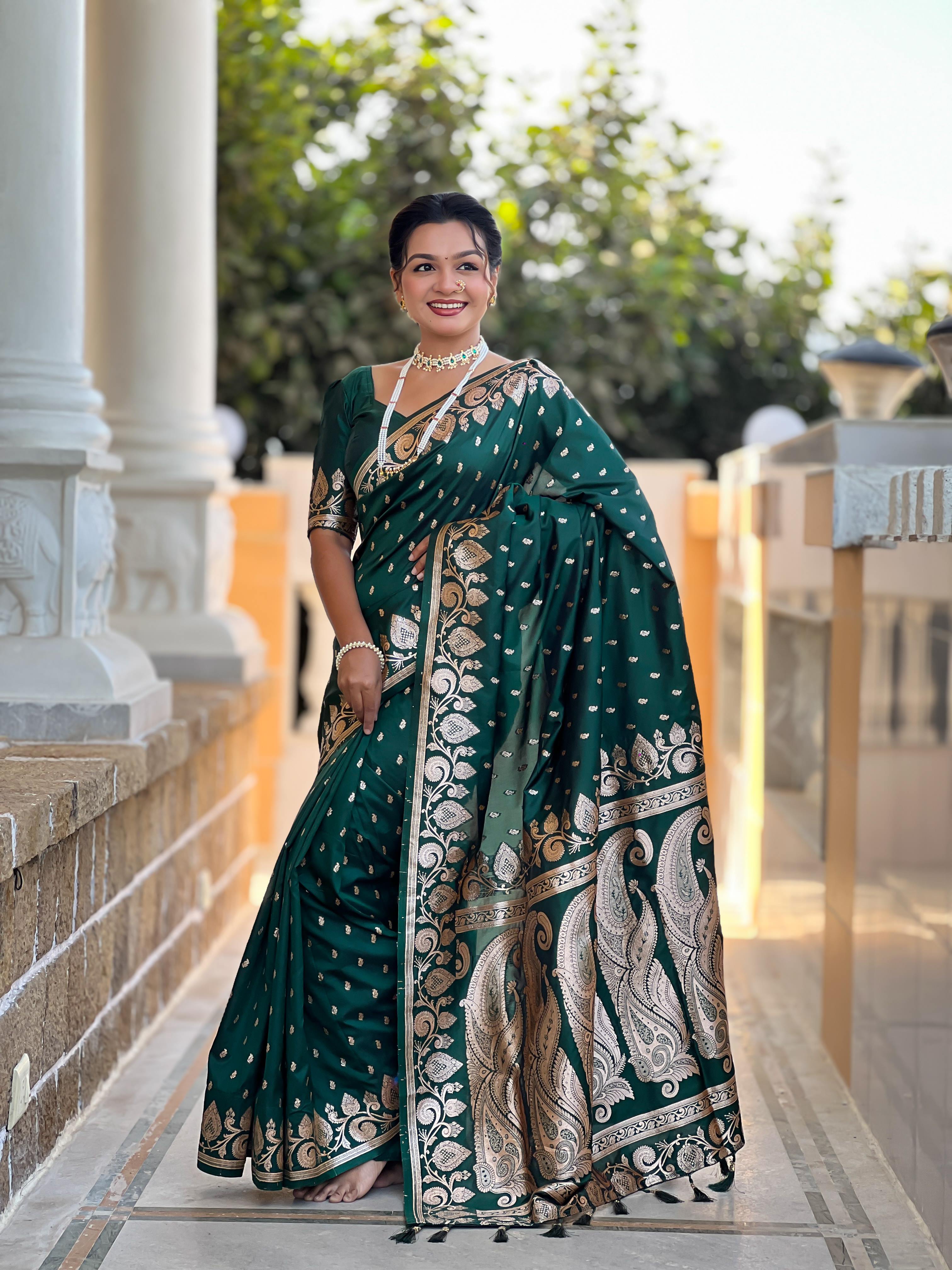 Bottle Green Varni Fabrics Women Anjir Geometric Banarasi Silk Tassels and Latkans Saree comes With Matching Blouse
