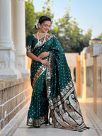 Bottle Green Varni Fabrics Women Anjir Geometric Banarasi Silk Tassels and Latkans Saree comes With Matching Blouse