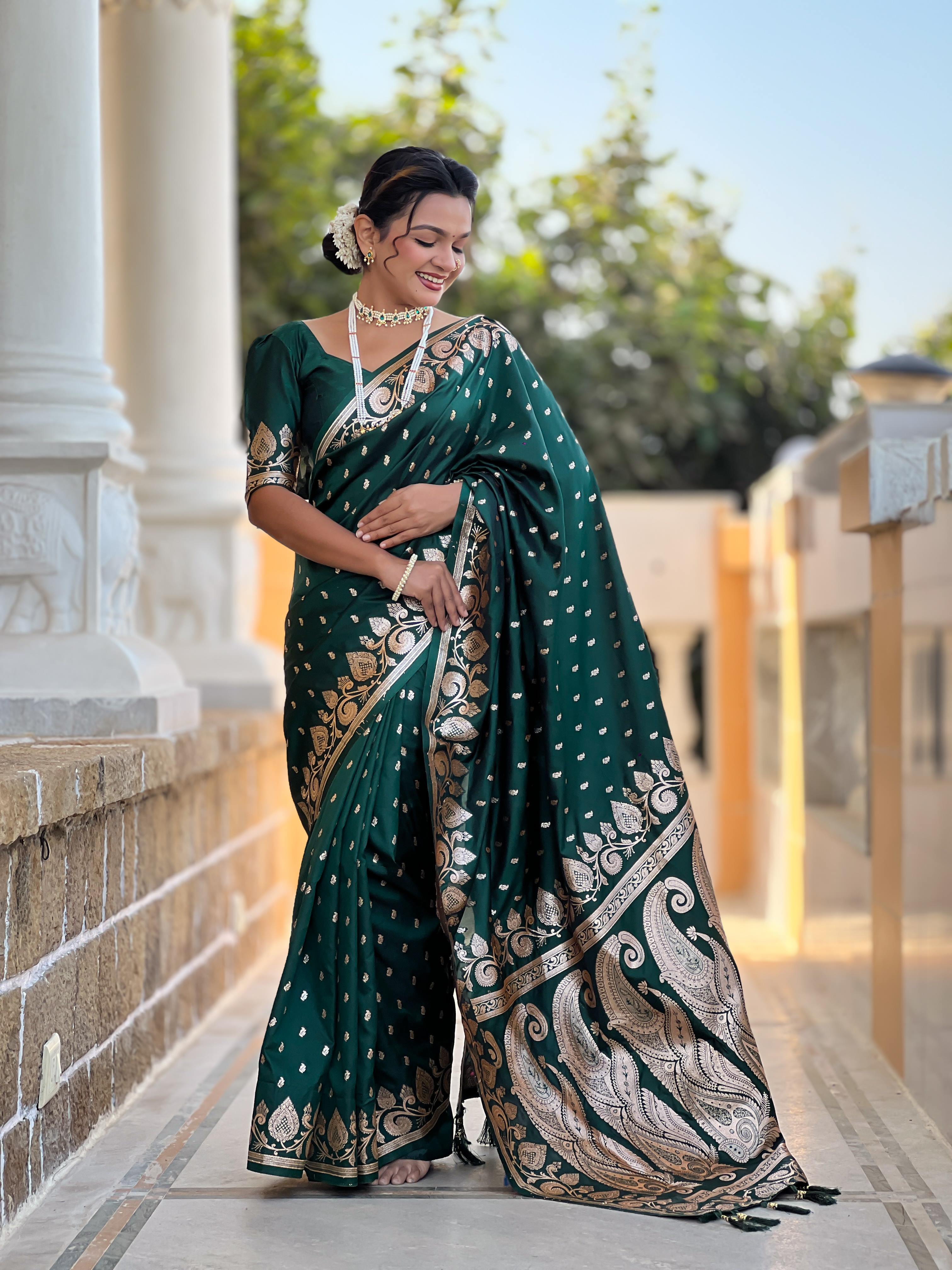 Bottle Green Varni Fabrics Women Anjir Geometric Banarasi Silk Tassels and Latkans Saree comes With Matching Blouse
