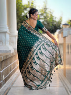 Bottle Green Varni Fabrics Women Anjir Geometric Banarasi Silk Tassels and Latkans Saree comes With Matching Blouse
