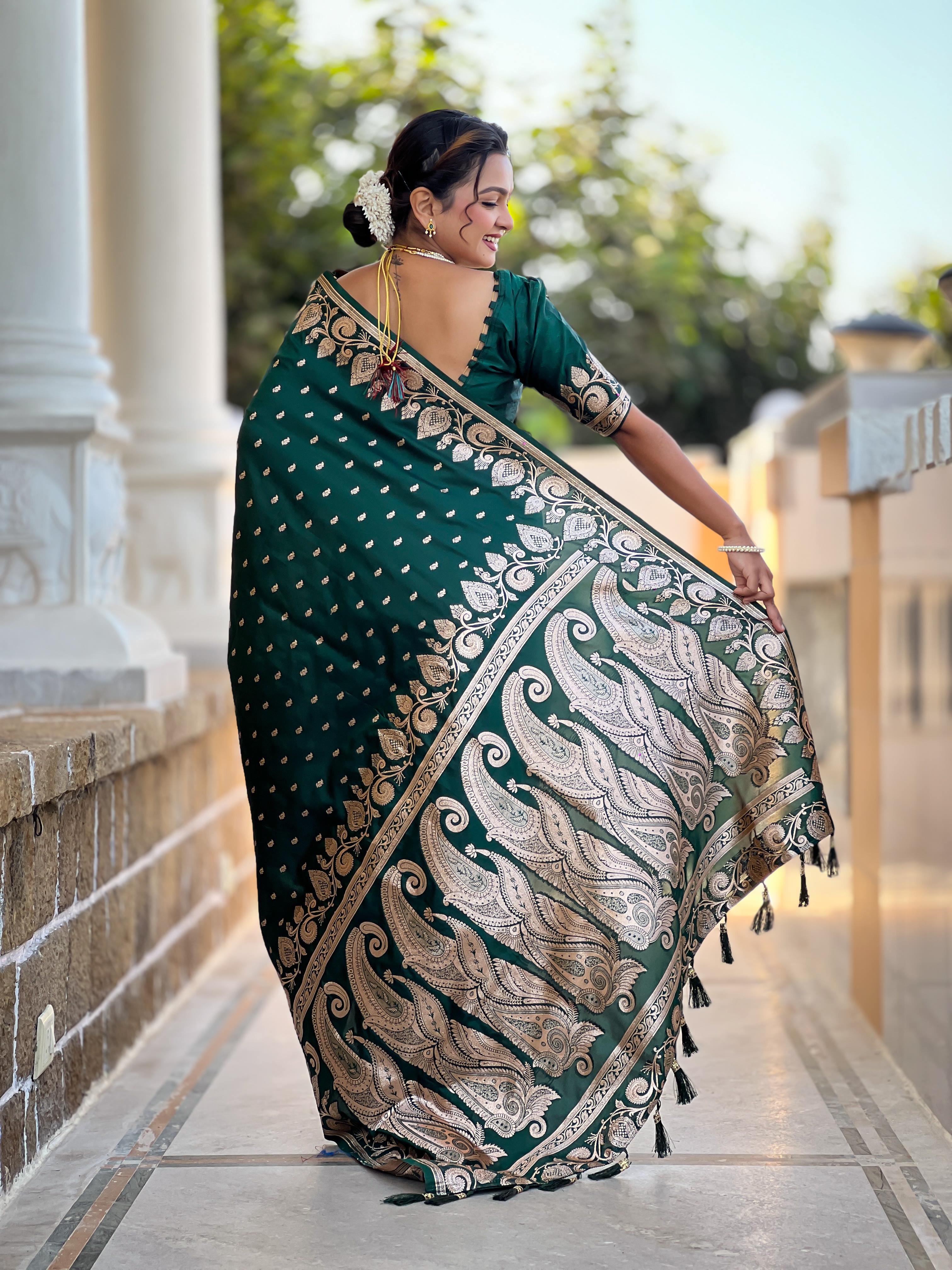 Bottle Green Varni Fabrics Women Anjir Geometric Banarasi Silk Tassels and Latkans Saree comes With Matching Blouse