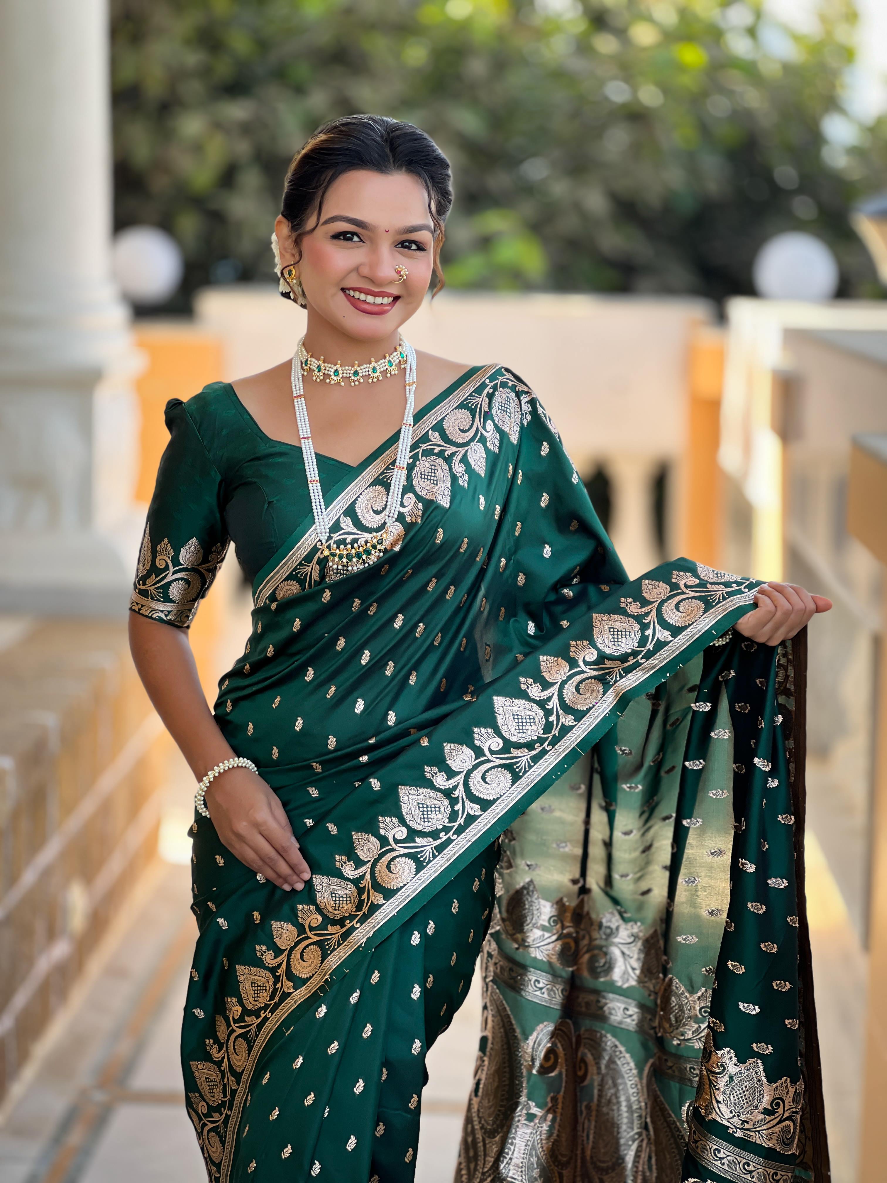 Bottle Green Varni Fabrics Women Anjir Geometric Banarasi Silk Tassels and Latkans Saree comes With Matching Blouse