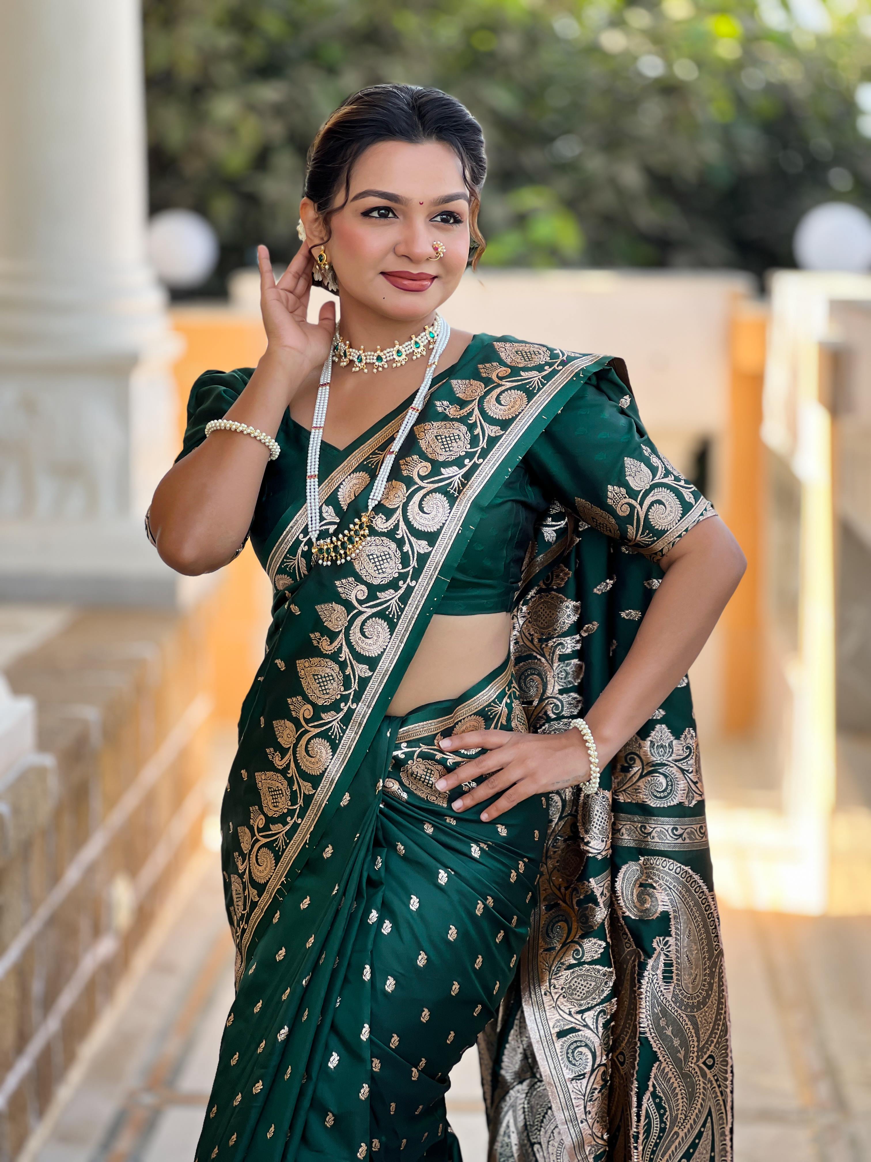 Bottle Green Varni Fabrics Women Anjir Geometric Banarasi Silk Tassels and Latkans Saree comes With Matching Blouse