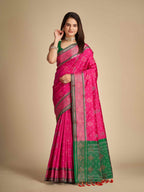 Traditional Pure Patola Silk Pink Saree with Contrast Weave, Meenakari & Tassels