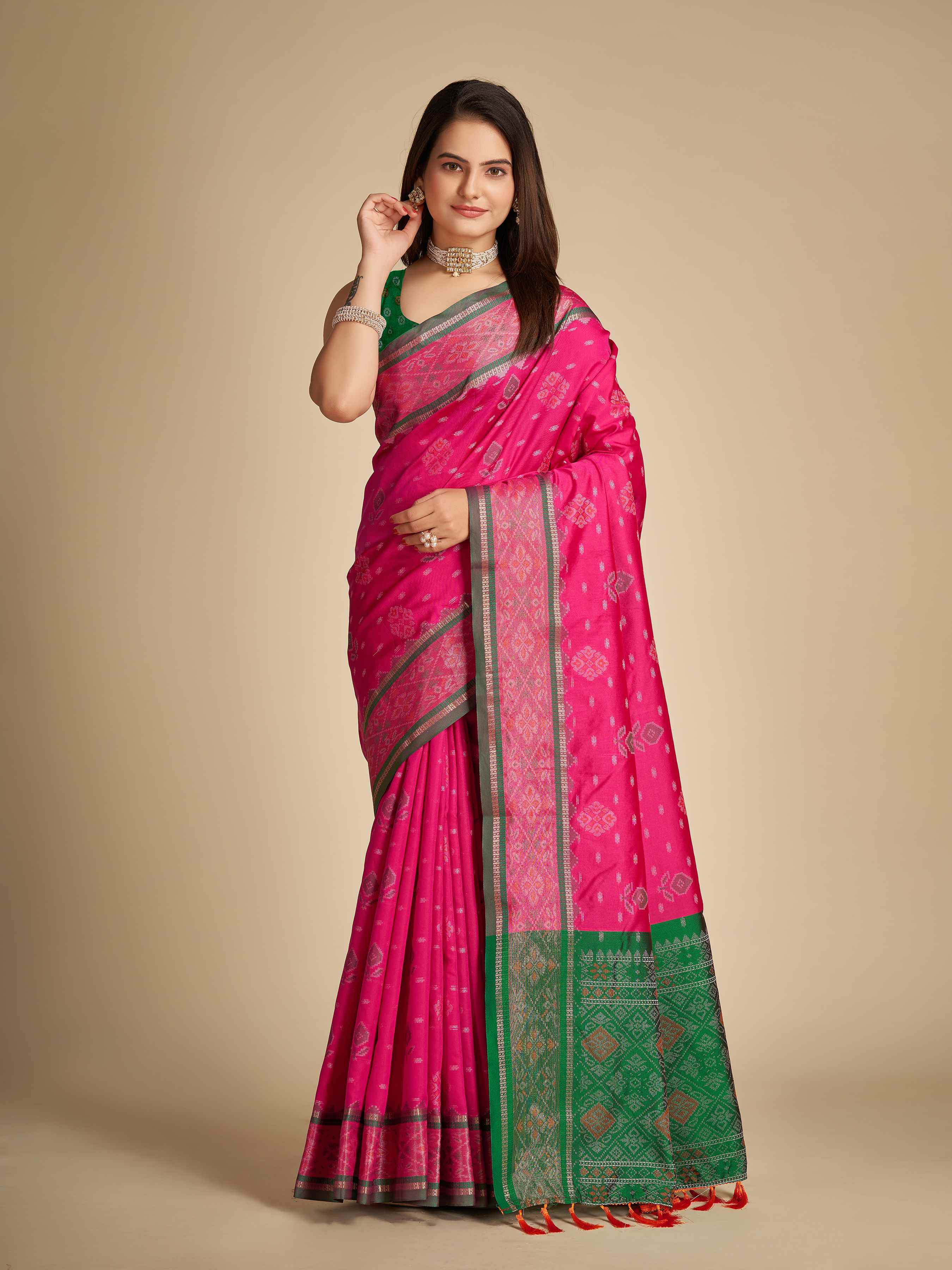 Traditional Pure Patola Silk Pink Saree with Contrast Weave, Meenakari & Tassels