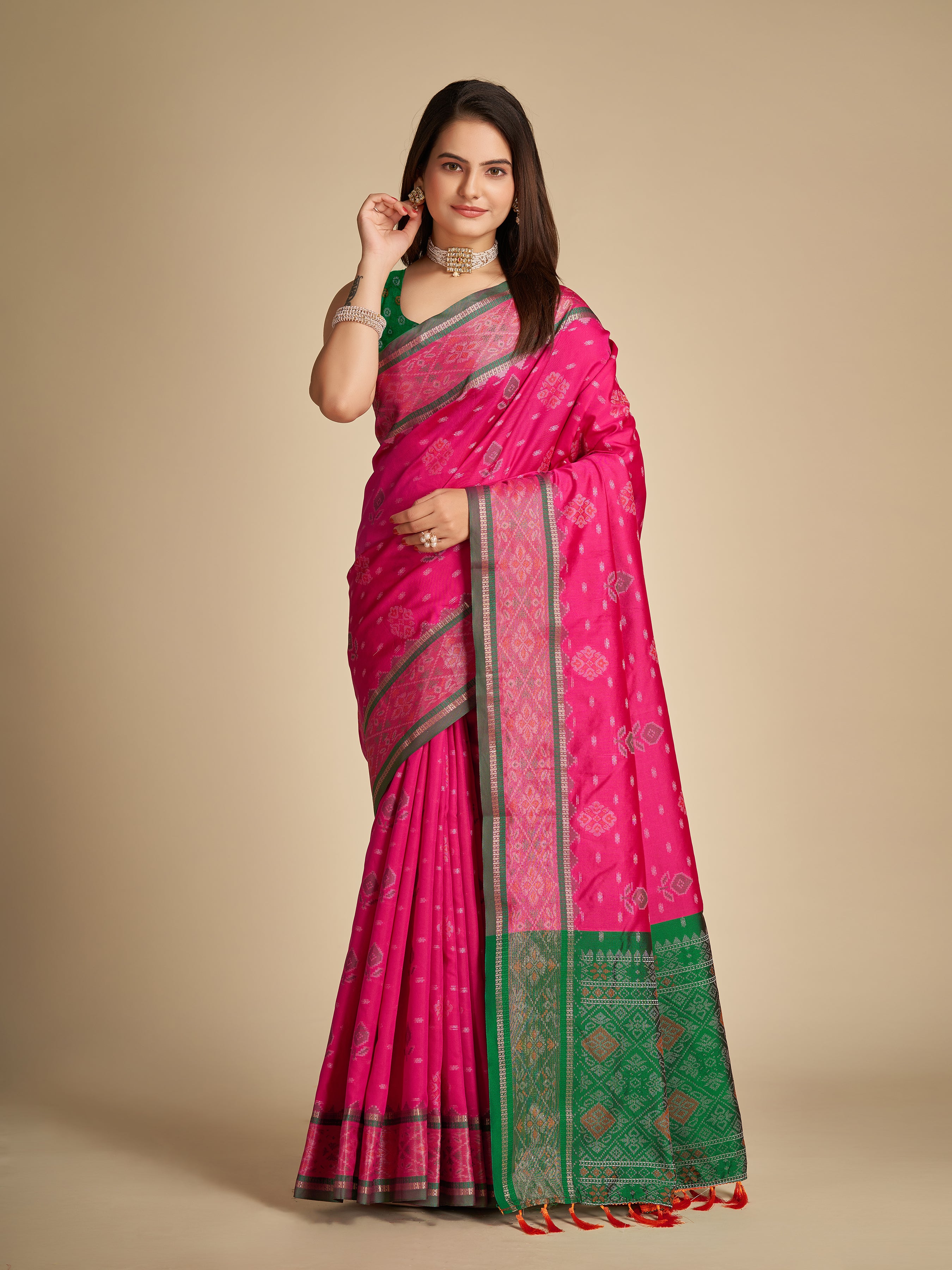 Traditional Pure Patola Silk Pink Saree with Contrast Weave, Meenakari & Tassels