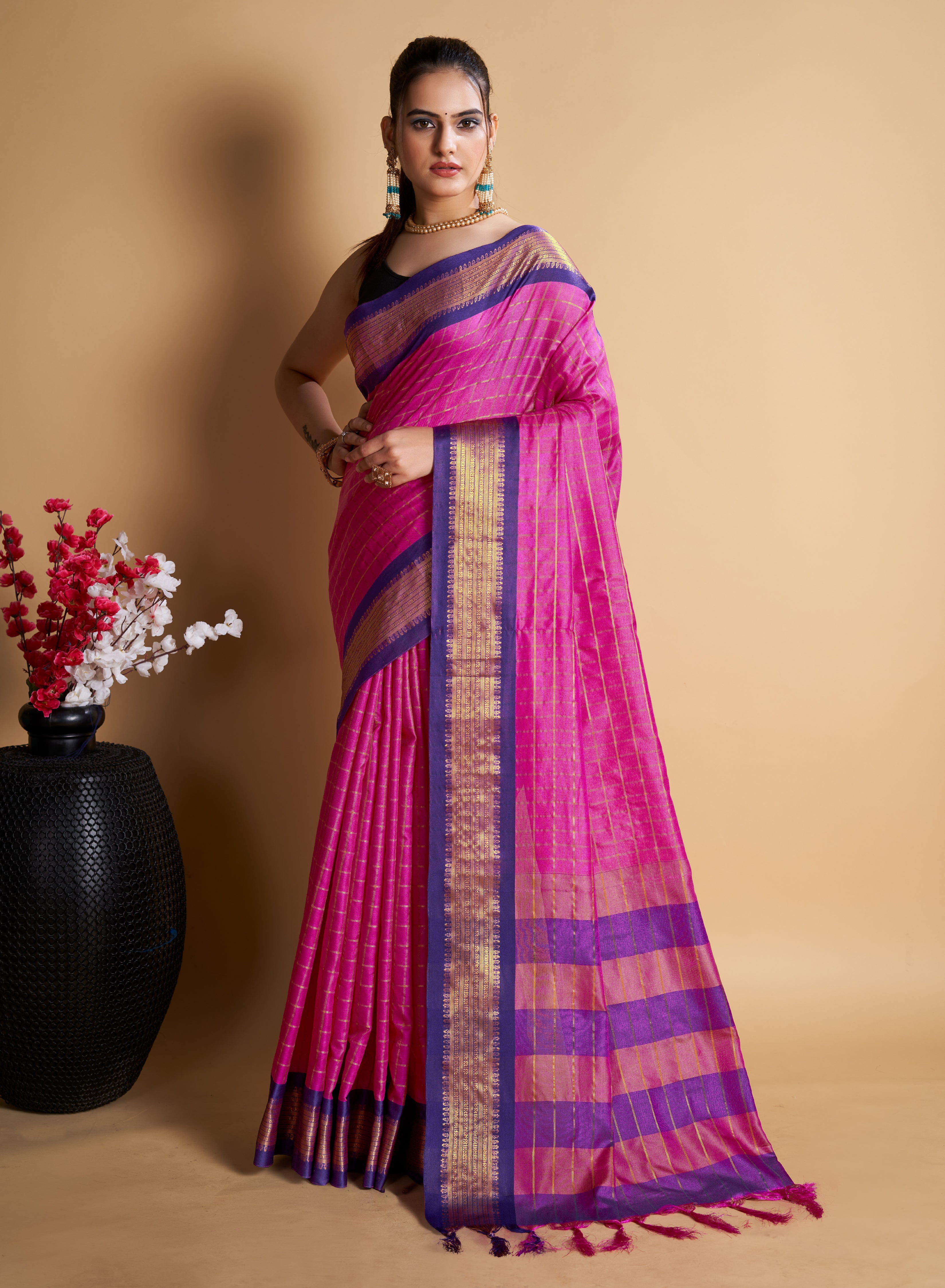 Designer-Inspired Soft Silk Pink Saree with Striking Pallu & Blouse – Perfect for Weddings&Festive