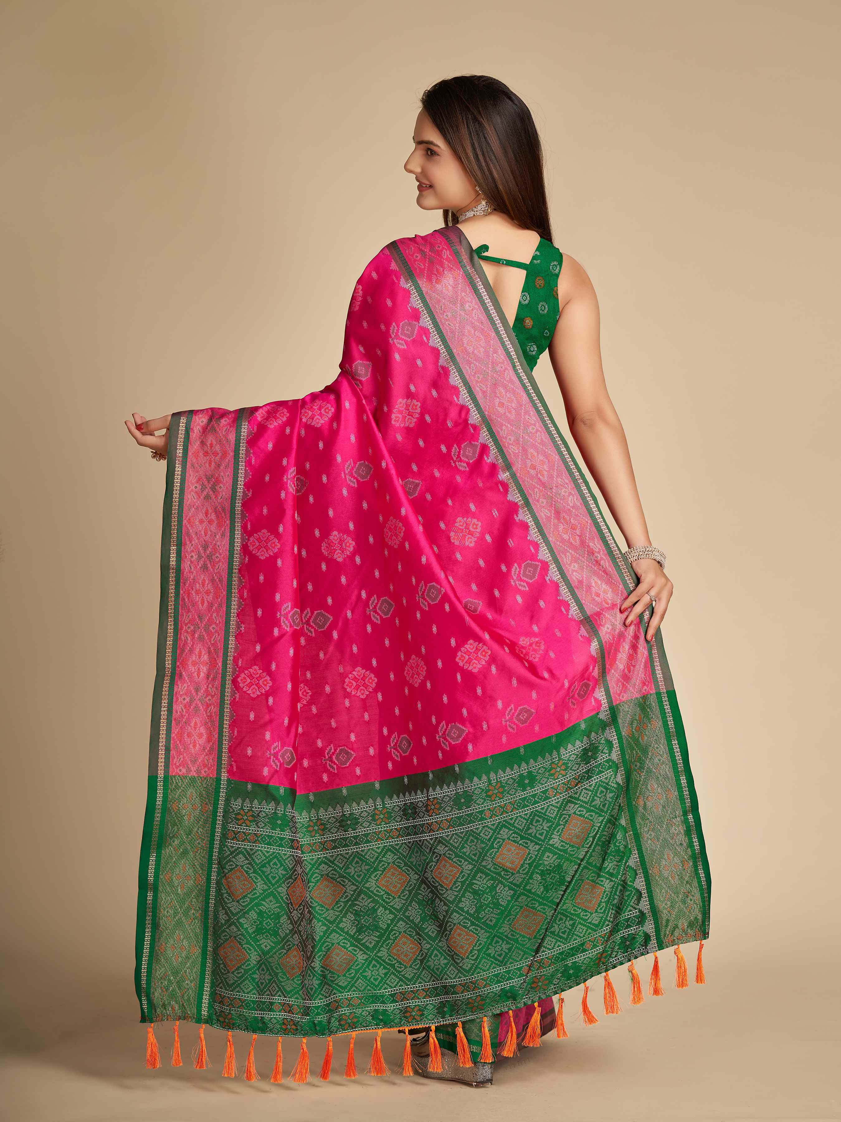 Traditional Pure Patola Silk Pink Saree with Contrast Weave, Meenakari & Tassels