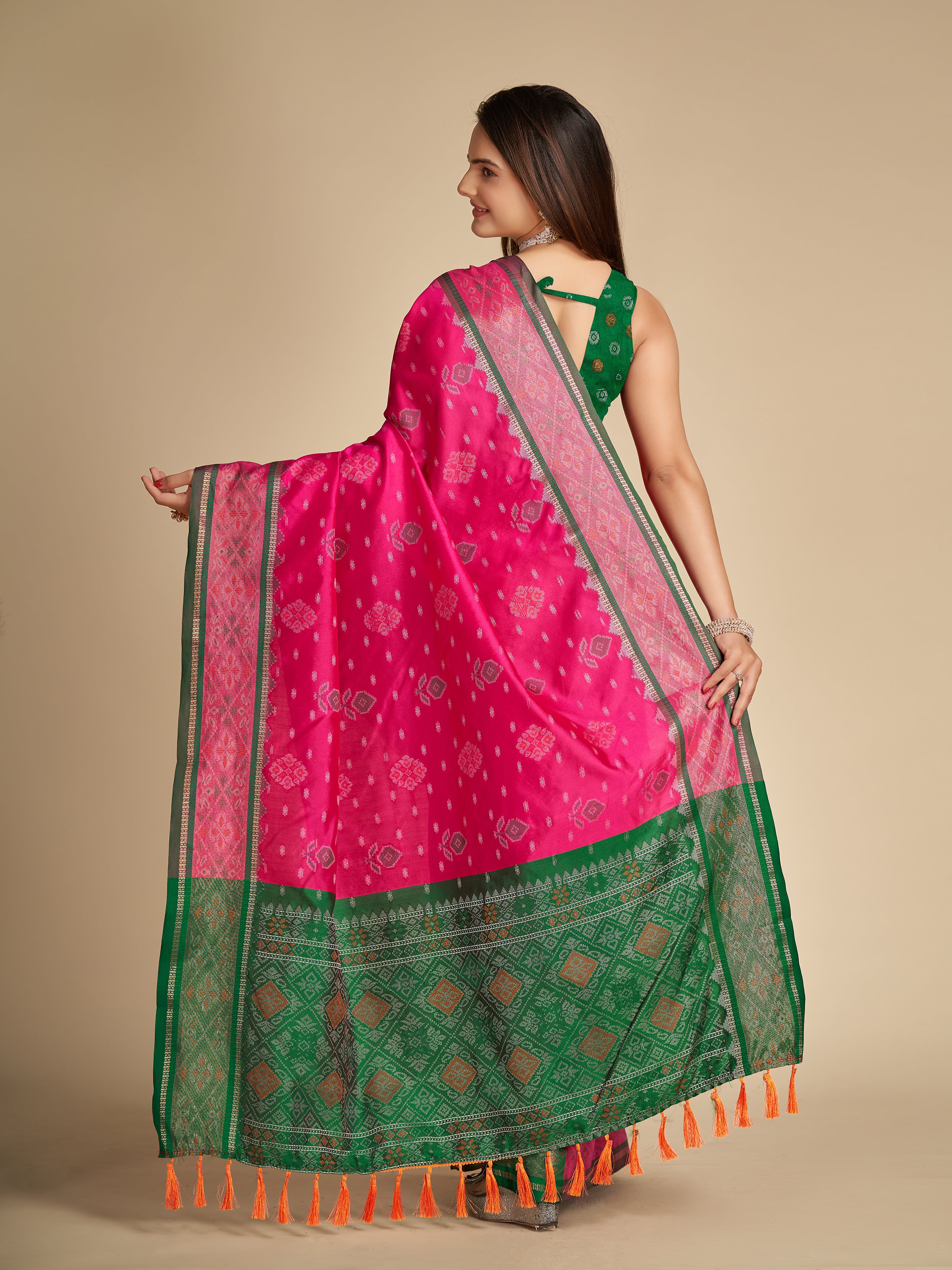 Traditional Pure Patola Silk Pink Saree with Contrast Weave, Meenakari & Tassels