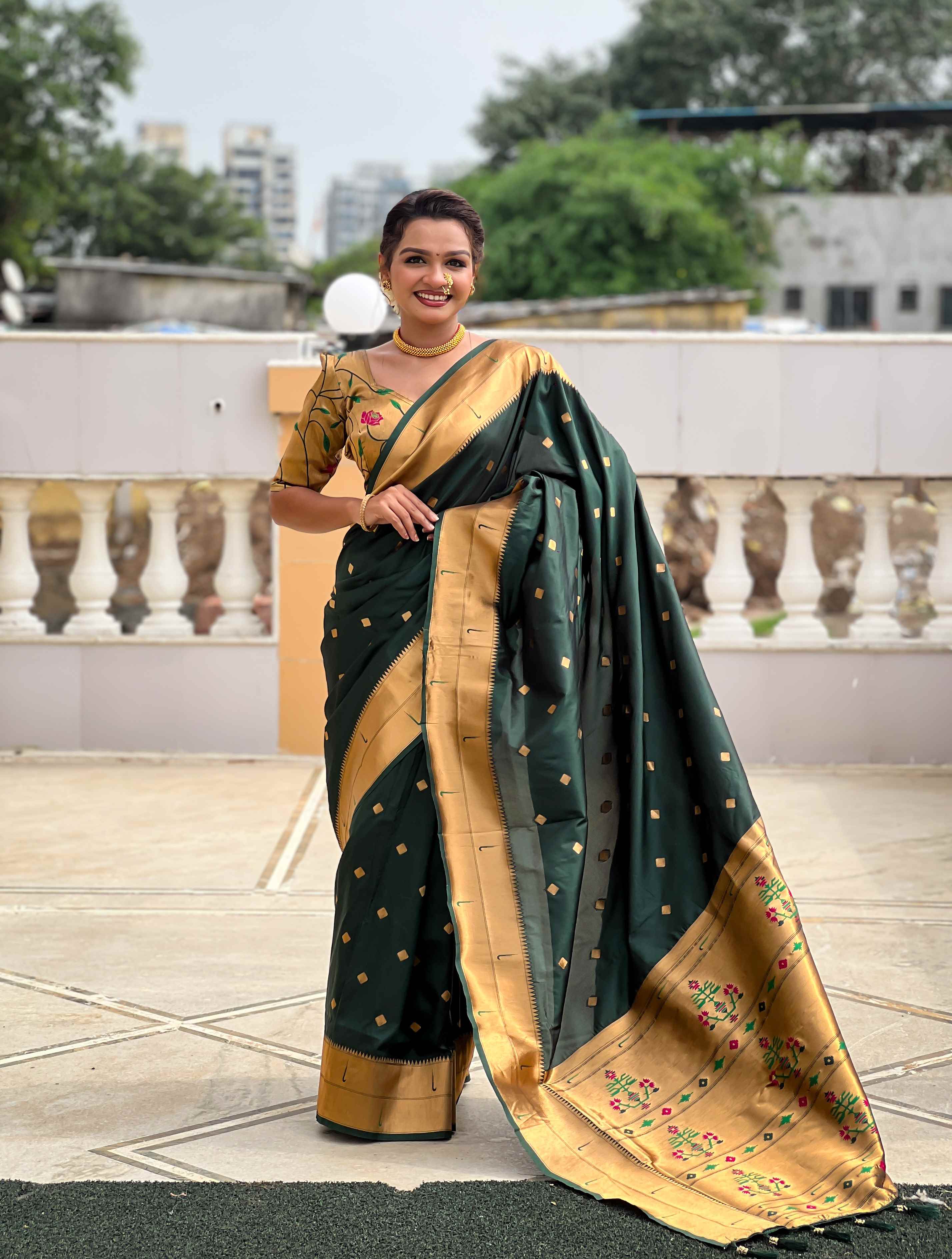 Dark Green Paithani Silk Saree with Zari Weaving, Meenakari Pallu & Double Munia Border