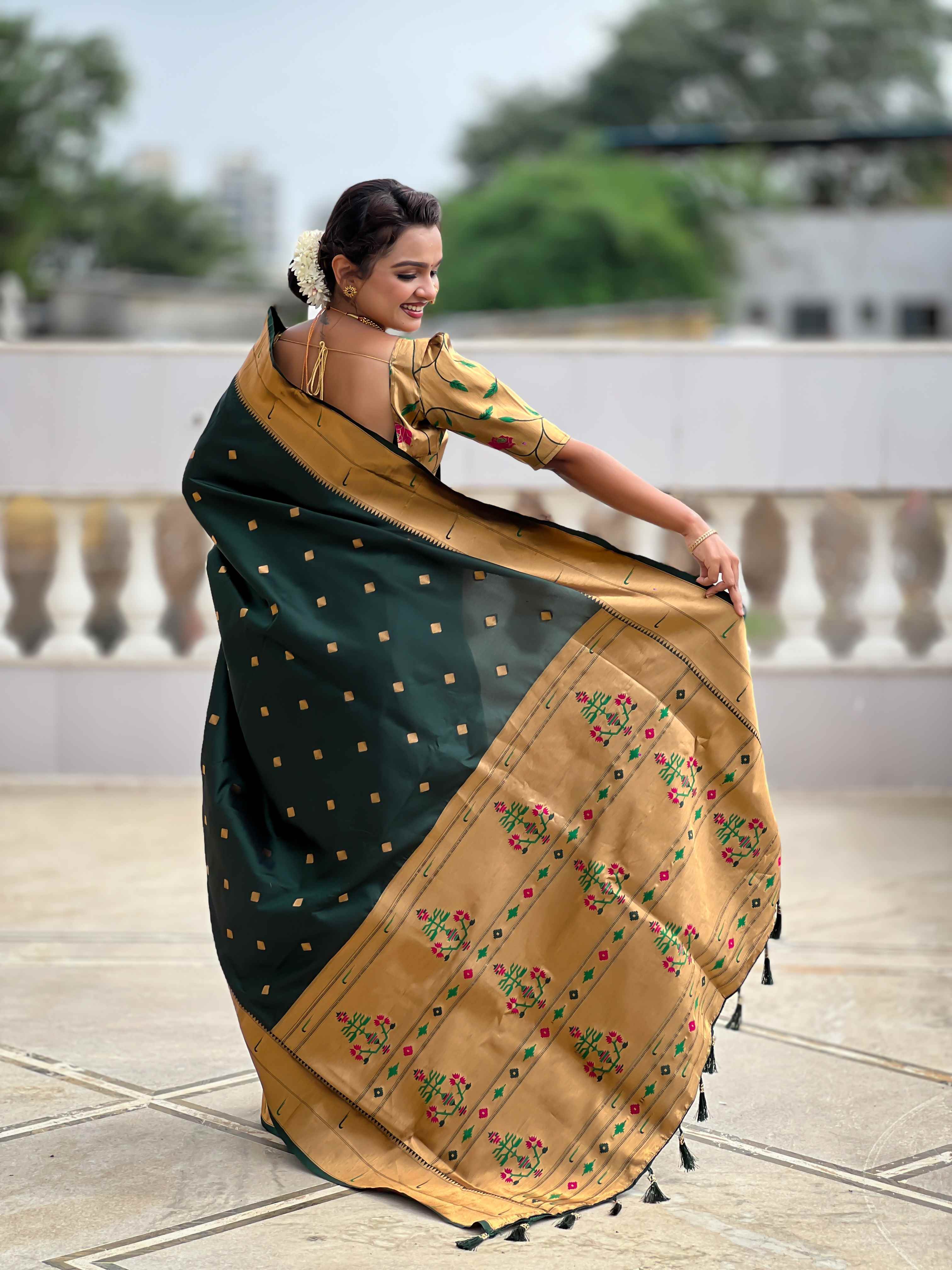 Dark Green Paithani Silk Saree with Zari Weaving, Meenakari Pallu & Double Munia Border